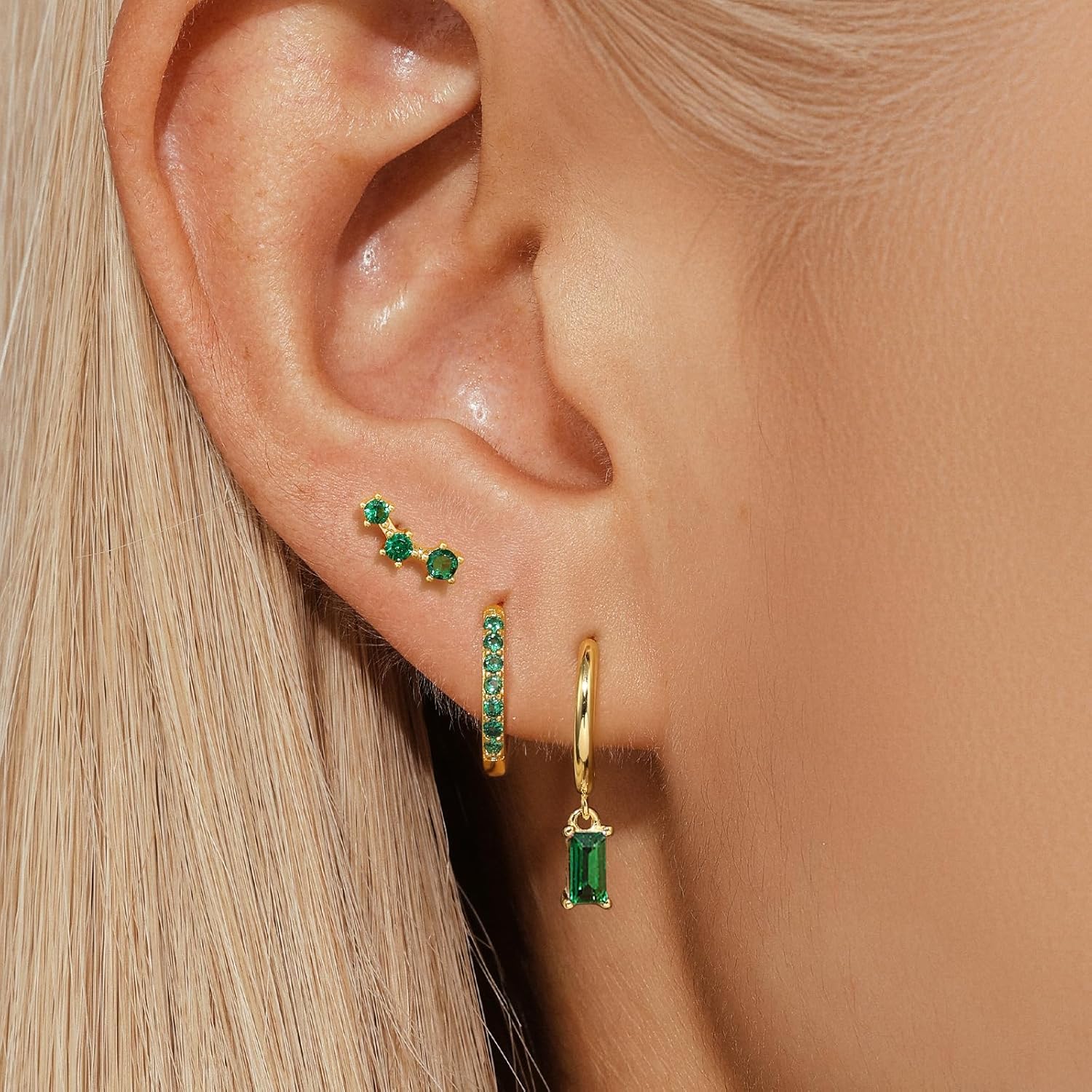 Sterling Silver Hoop Earrings Set for Women, 14K Gold Plated|Silver Blue|Emerald Green Shiny CZ Earrings Set, Hypoallergenic Earring for Sensitive Ears, No tarnish No Lead - Image 2