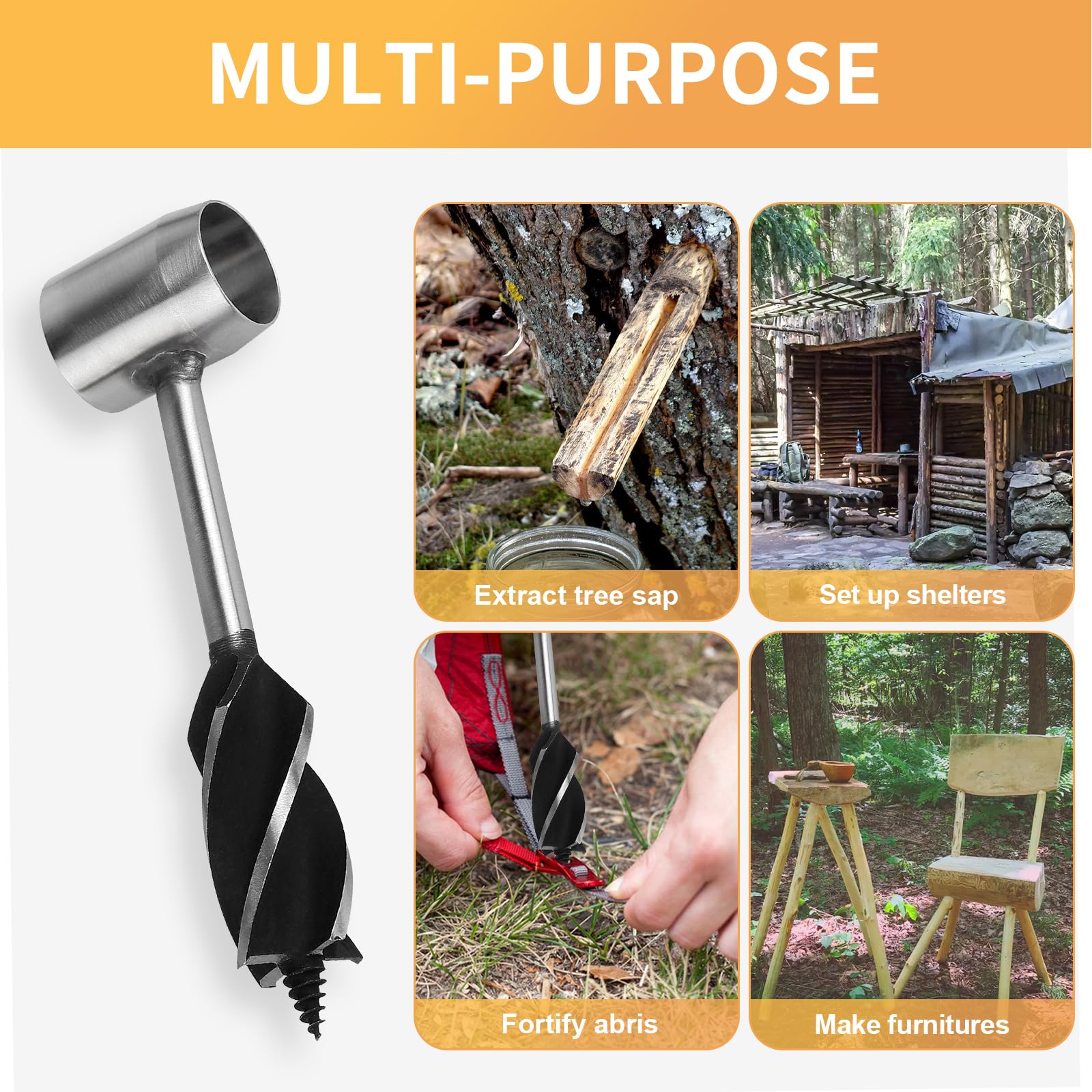 EFUTURETIME Trapano per Legno Manuale Bushcraft, φ25x160mm, Trivella Manuale in Acciaio con Custodia in Pelle Nera, Set di Trapani per Legno Bushcraft
