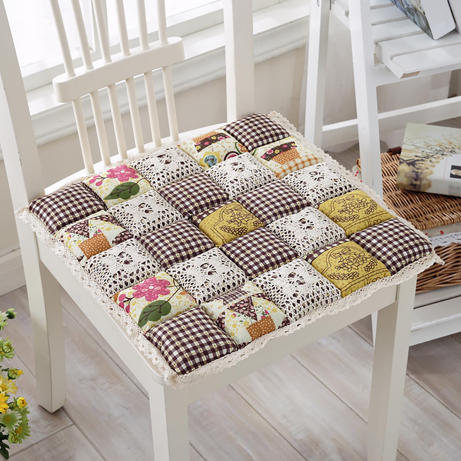 Patchwork Poduszka na krzesło z kokardkami, kwadratowa koronkowa poduszka do siedzenia, antypoślizgowa poduszka do siedzenia, nadruk wiejski na krzesło do kuchni, krzesła do jadalni, do użytku