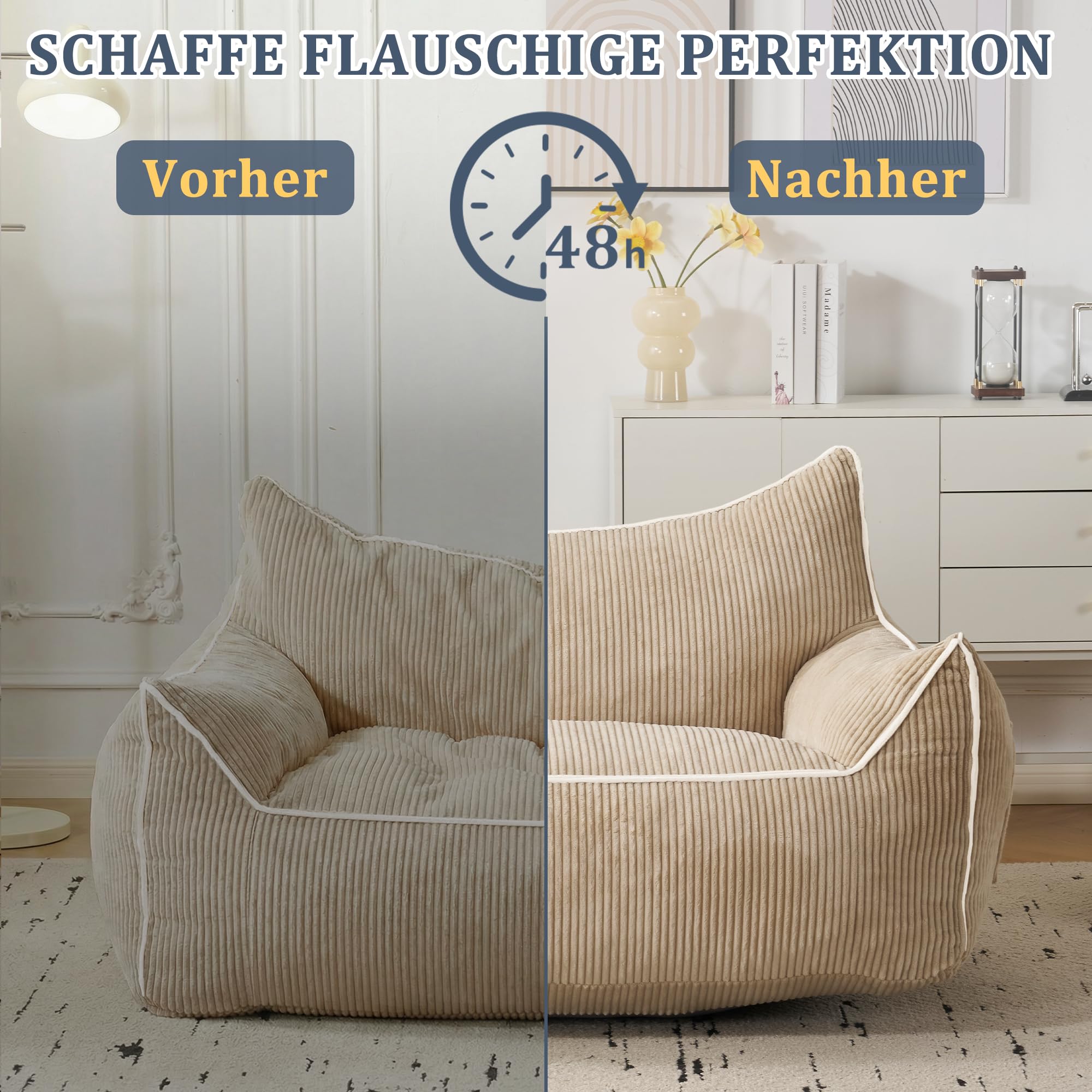 Sitzsack Cord mit Rückenlehne, Sitzsack Erwachsene mit Füllung, Großer Bean Bag aus Kunstfell, Bequemer Lounge-Sessel mit Hochdichtem Schaumstoff, Schlafzimmer & Wohnzimmer, Beige