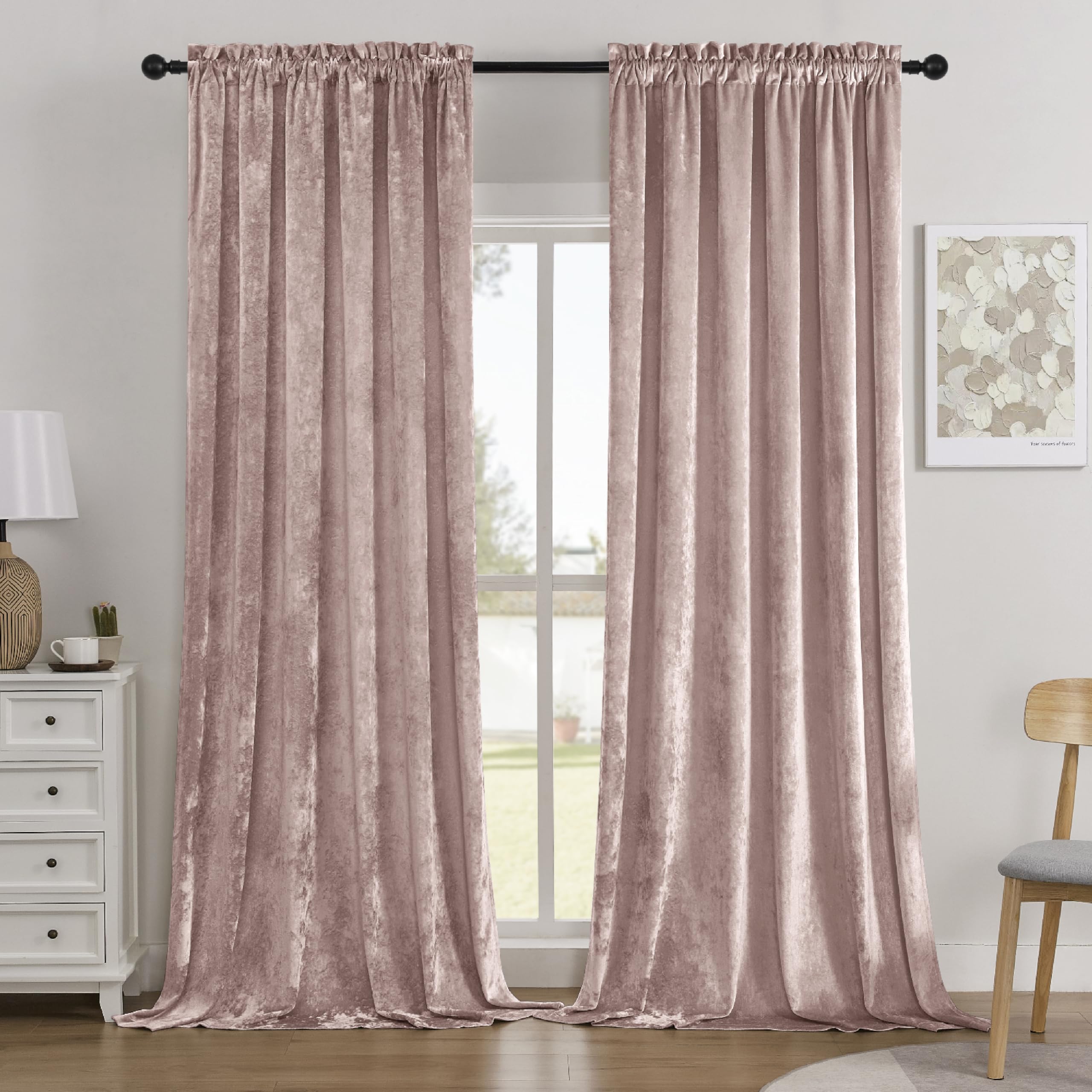 SMILETIME Pink Crushed Velvet Curtains 52x108inch Rod Pocket Luxurious Thermal Insulated Soundproof Drapes Soft and Durable Light-Filtering Window Treatments for Living Room Bedroom, 2 Panels