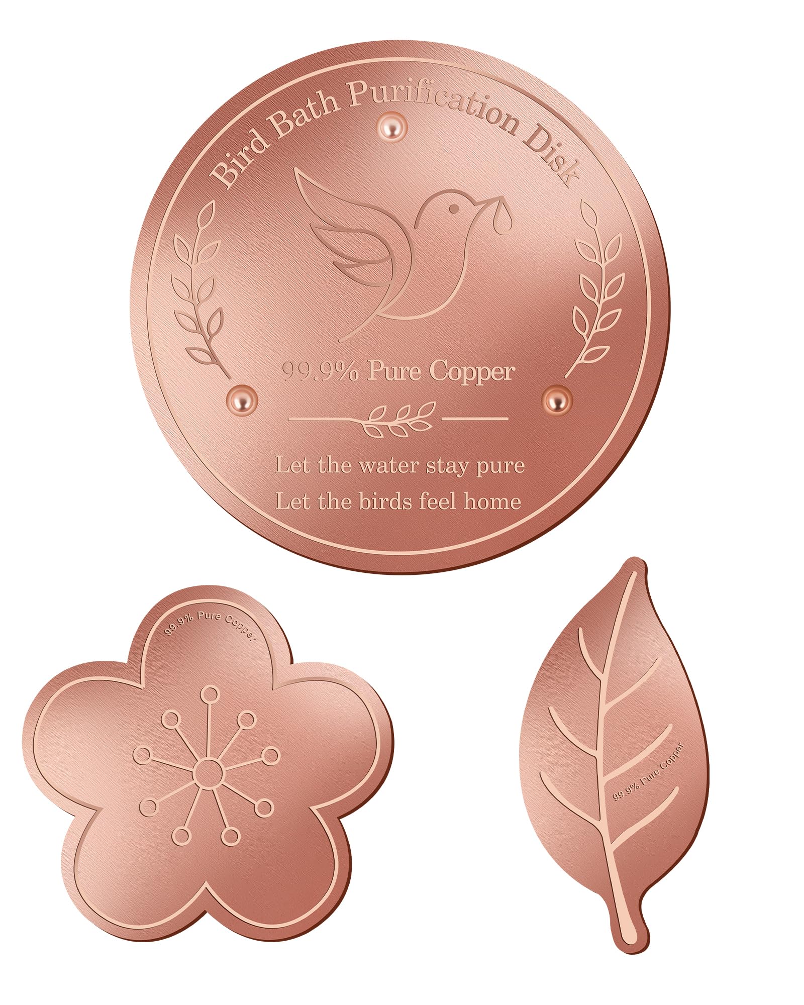 inRobert 3PCS Copper Disc for Bird Bath, 99.99% Pure Bird Bath Copper Disk Set, Leaf Flower Round Copper Purification Discs Keep Water Clean for Outdoor Garden Bird Baths