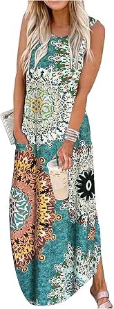 Women's Rainbow Graphic Maxi Dress - Sleeveless Pocket Summer Dress, Hawaiian Beach Casual Tank Dress