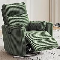 LINSY 360° Swivel Nursery Glider Recliner Chair with 2 Pillows, Corduroy Rocking Nursing Chair for Small Spaces (Green)