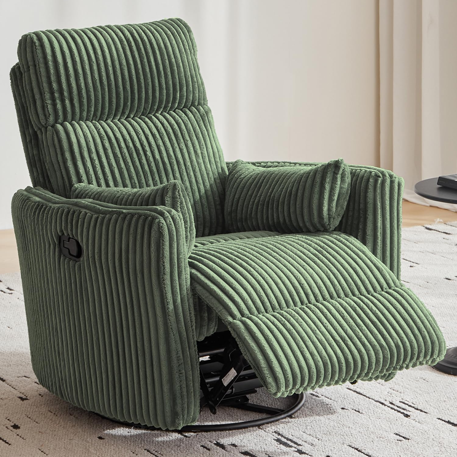 Photo 1 of LINSY 360 Swivel Recliner Chair, Nursery Glider Rocking Chair with 2 Pillows, Corduroy Nursing Chair Comfy High Back Adult Rocker Recliner for Small Spaces, Nursery Bedroom Living Room (Green)