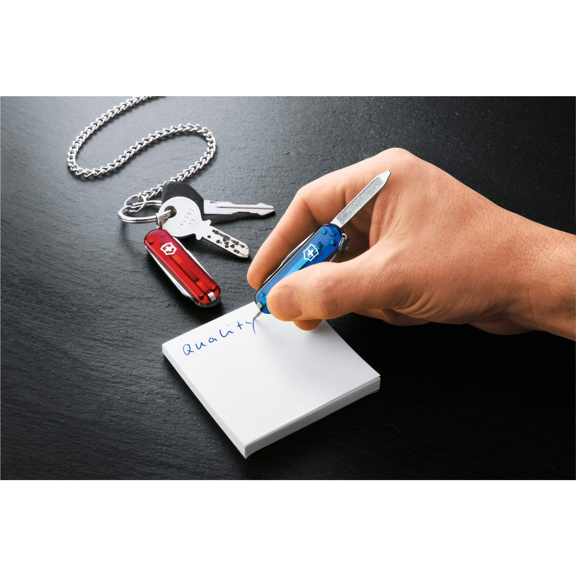 Victorinox Navaja Firma Lite Con Impresión Deseada en La Cáscara I Regalo Para Hombres Cumpleaños I Suiza Navaja Personalizada 10 Funciones 0.6385 - azul transparente, 58 x 20 x 12 mm