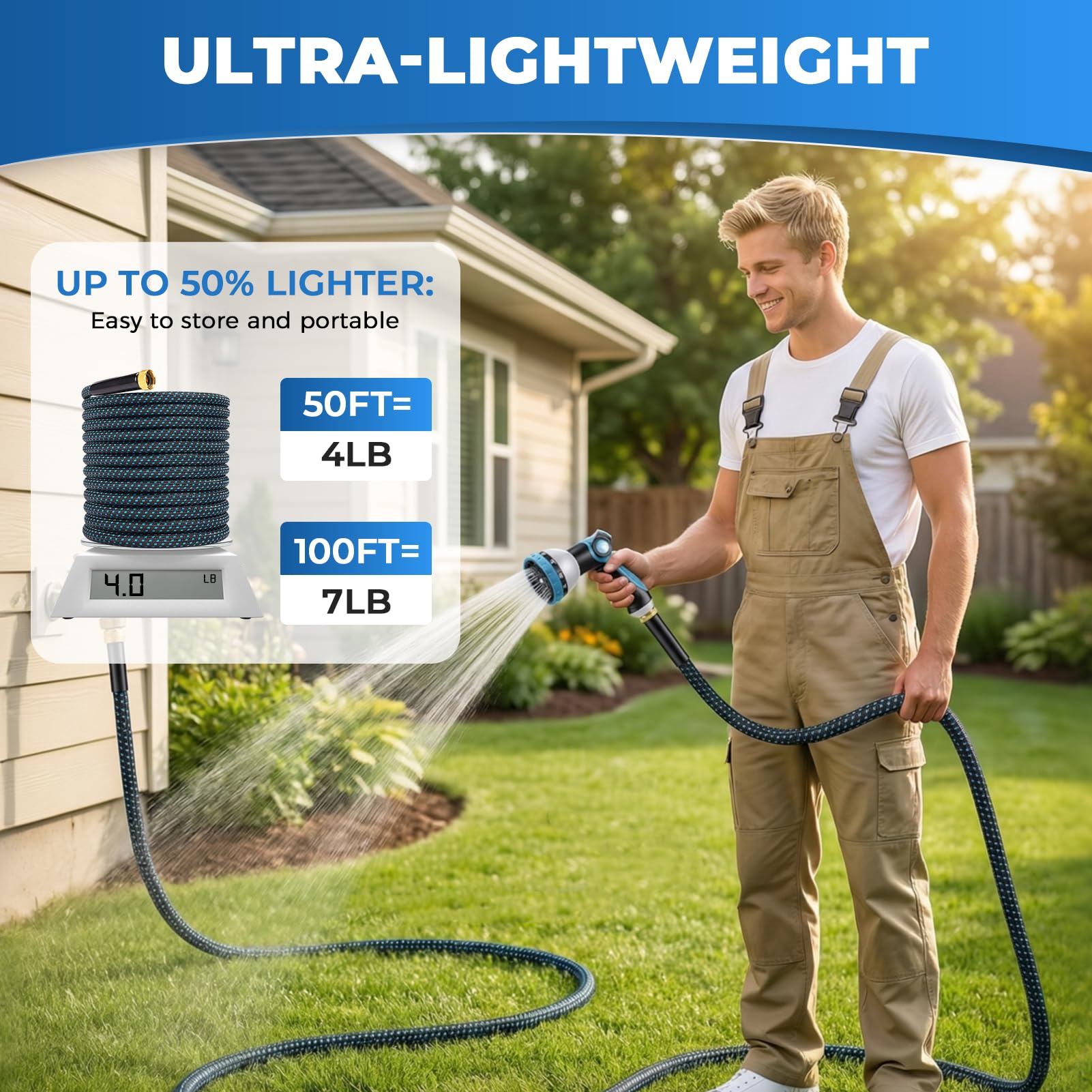 Nicht erweiterbarer Gartenschlauch - Ultraleicht & Auslaufsicher Knickfrei Wasserschlauch mit 10 Funktionen Sprühdüse - Verschleißfester Hybridschlauch für Hof, Rasen, Autowäsche & Außenbereich - 30.5