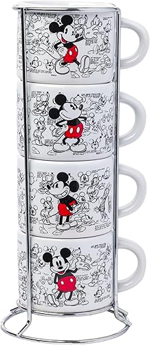 Silver Buffalo Mickey Heritage Sketch Multi Art - Juego de tazas apilables de cerámica de 4 piezas, 3 onzas