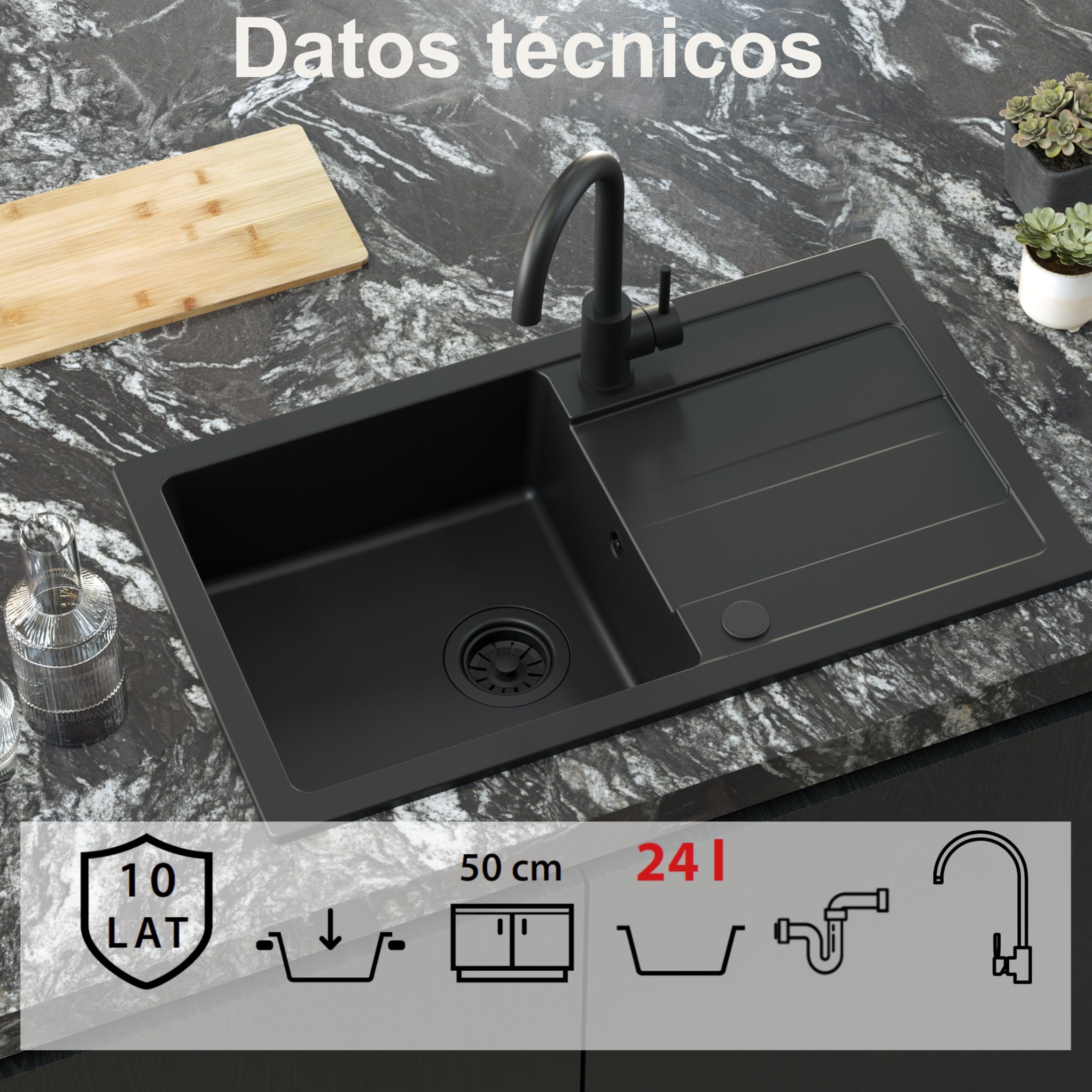 QUADRON | GO MAX | Lavello in granito | 1 vasca | Dimensioni: 77 x 44 x 17,6 | Mobile base di: 50 cm (proprio)