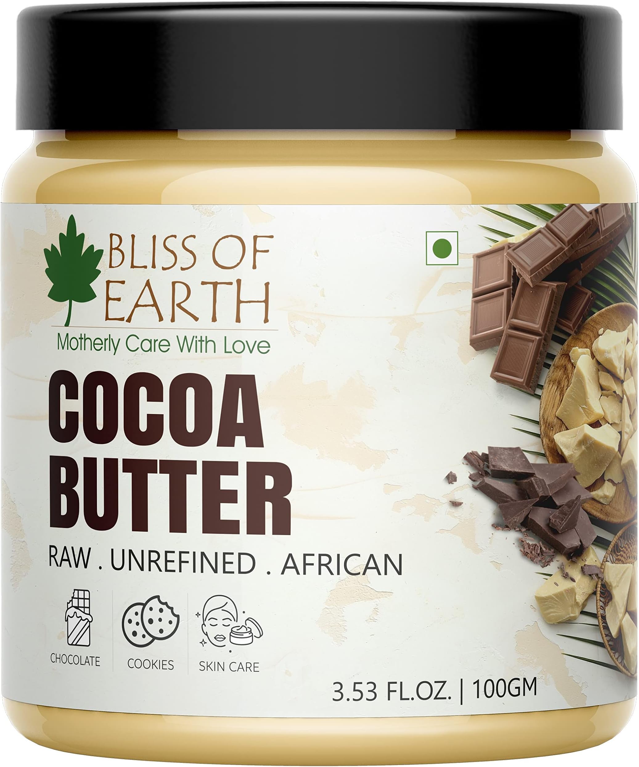 Bliss of Earth Cocoa Butter Food Grade for Baking, 100% Pure Organic & Natural Body Butter, Unrefined & Vegan Cocoa Butter for Stretch Marks, lip Balms, Hair Mask, Skin Moisturizer – 100g