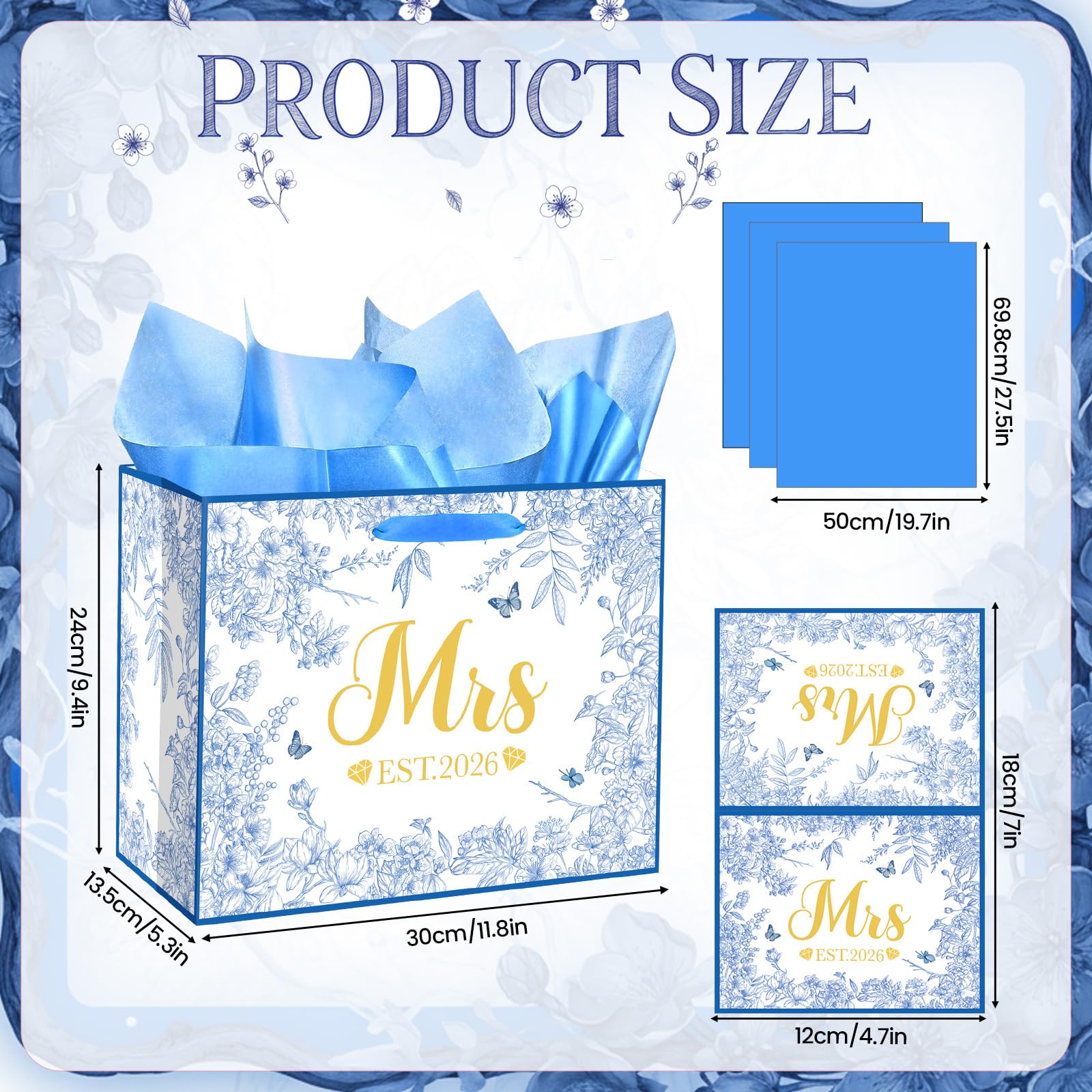 Woosytoo EST 2026 Mrs Bride Gift Bag Blue Bridal Shower Gift Bag with Tissue Paper and Card Mrs 2026 Wedding Gift Bag for Butterfly Bridal Shower Bachelorette Party Engagement Decor Supplies