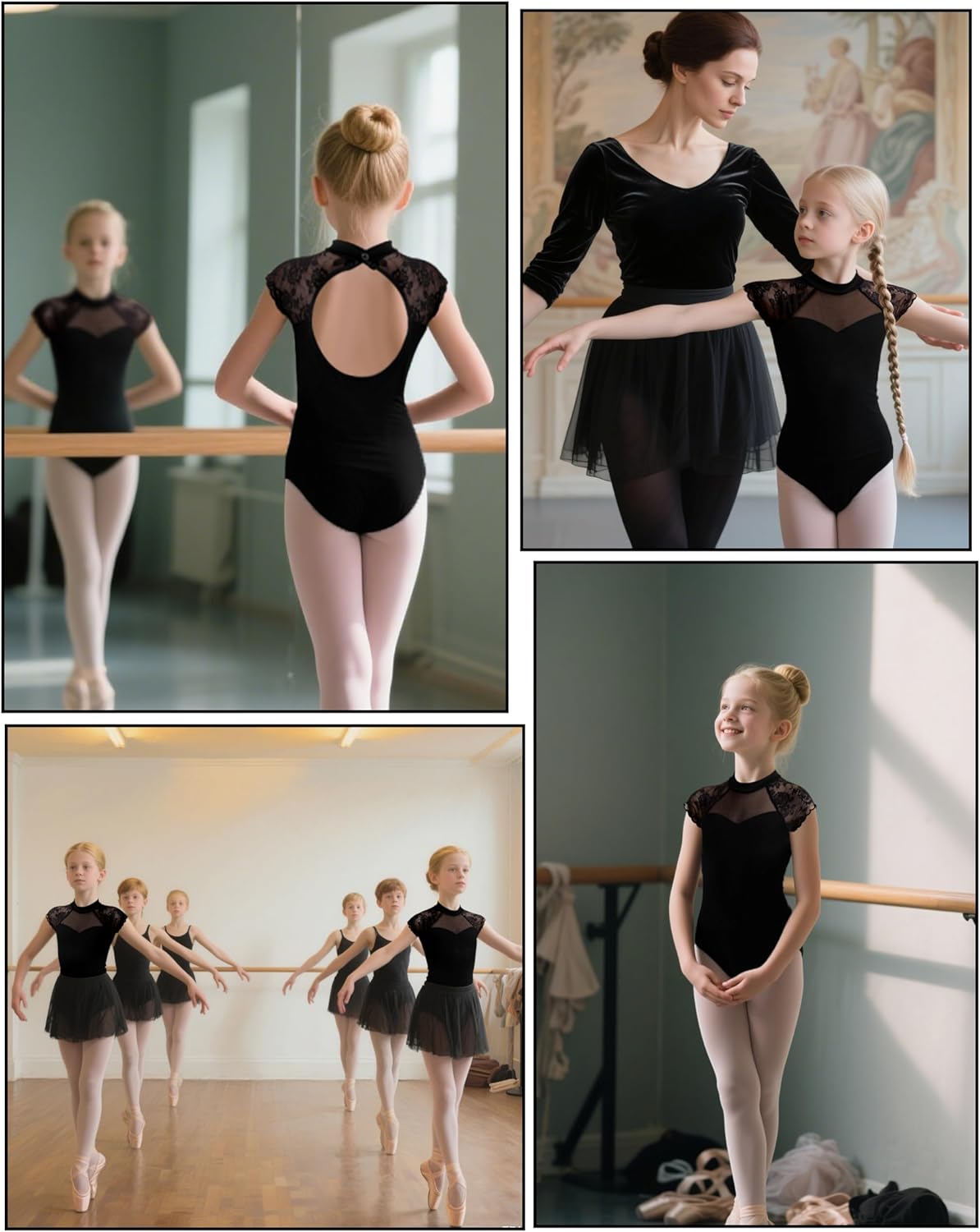Girls Turtleneck Dance Leotard for Ballet, Lace Neckline, Full Front Lining, Hollow Back
