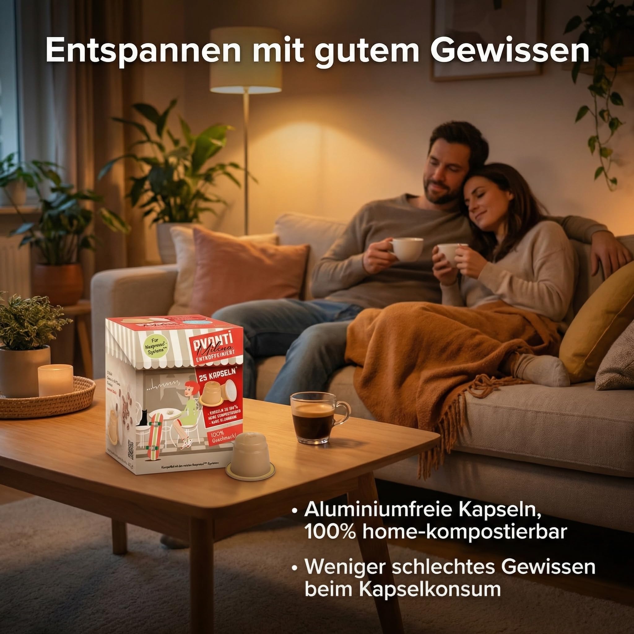 100 Stück AVANTI Entkoffeinierte Nespresso**-kompatible Kaffeekapseln – Espresso Milena, Swiss Water Process, 100% Arabica, 100% home-kompostierbar & ohne Aluminium, geröstet in der Schweiz