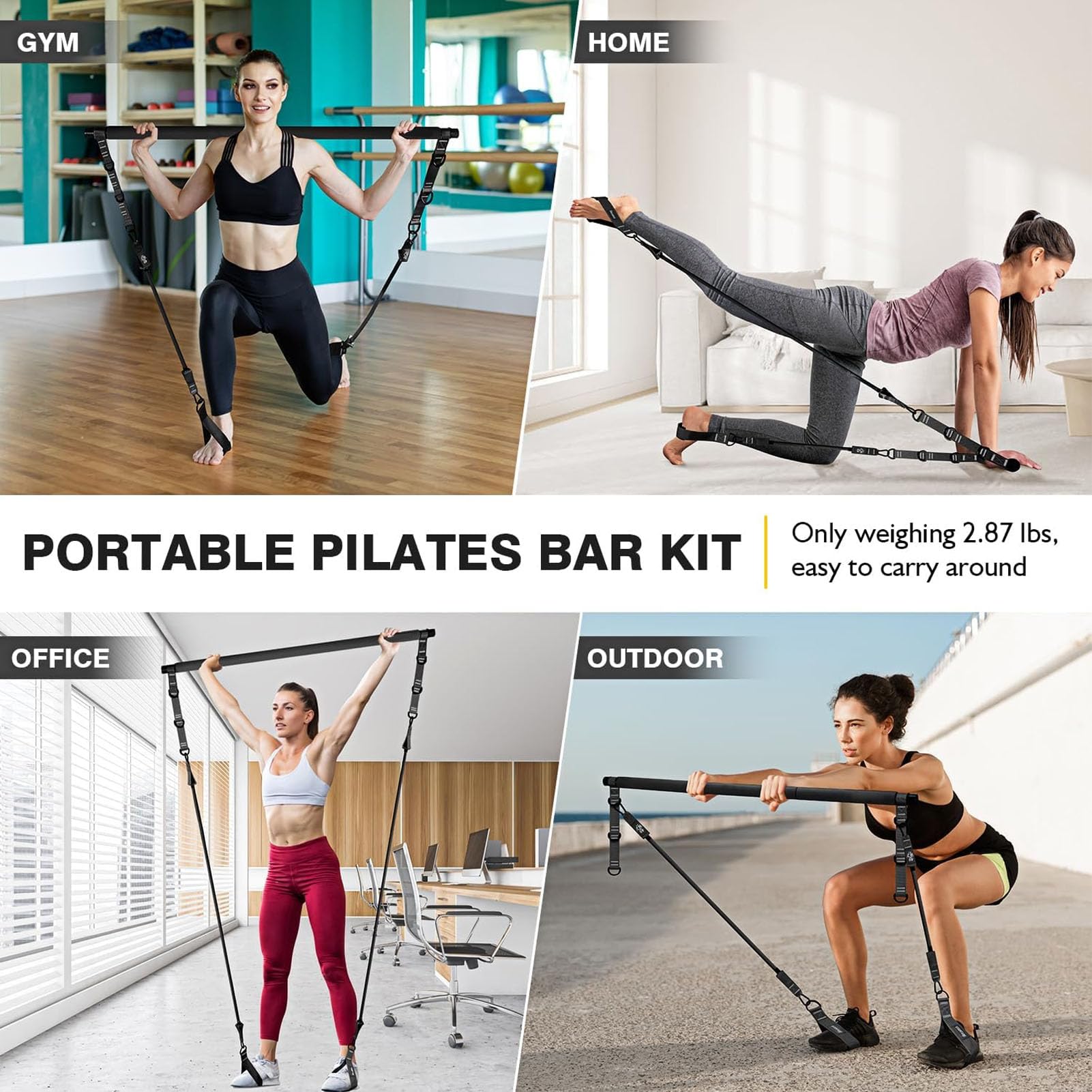Buachois Pilates Bar Kit, 20 30 40 Lbs Fasce di Resistenza Attrezzature per Allenamento Pilates Regolabili TPE Metallo con Custodia per Fitness a Casa