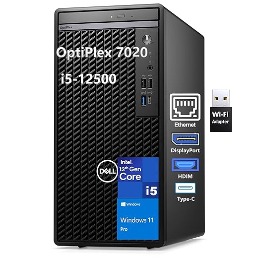 Dell Optiplex 7020 Desktop Computers, 7000 Tower PC, Intel 6-Core i5-12500 (Beat i7-11700), 32GB DDR5 RAM, 1TB PCIe SSD, DVDRW, USB WiFi Adapter, RJ-45, HDMI, DisplayPort, Windows 11 Pro