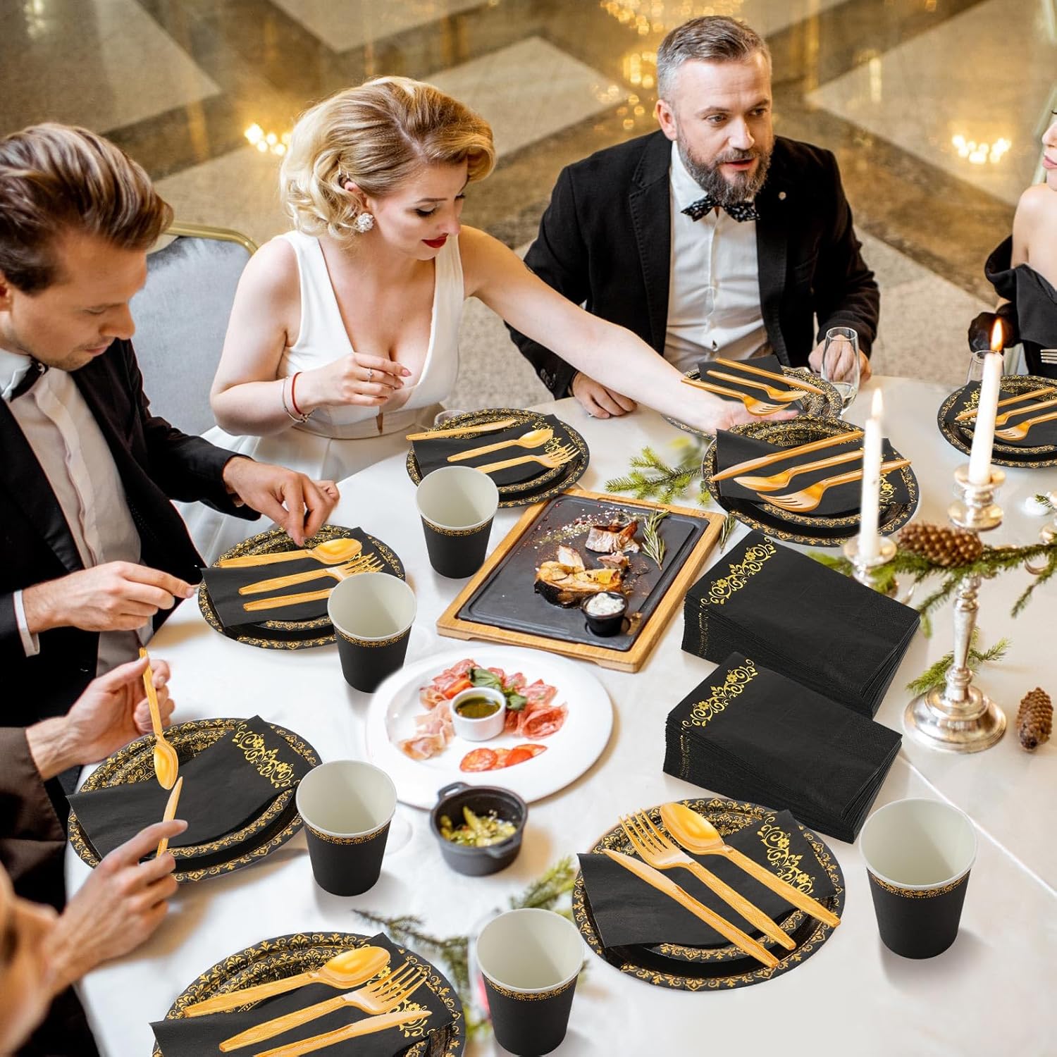 700 Pcs Disposable Dinnerware Set for 100 Guests Include 200 Paper Plates, 300 Plastic Silverware, 100 Paper Cups, 100 Napkins for Wedding Birthday Party Supplies (Black Gold Pattern) - Image 5