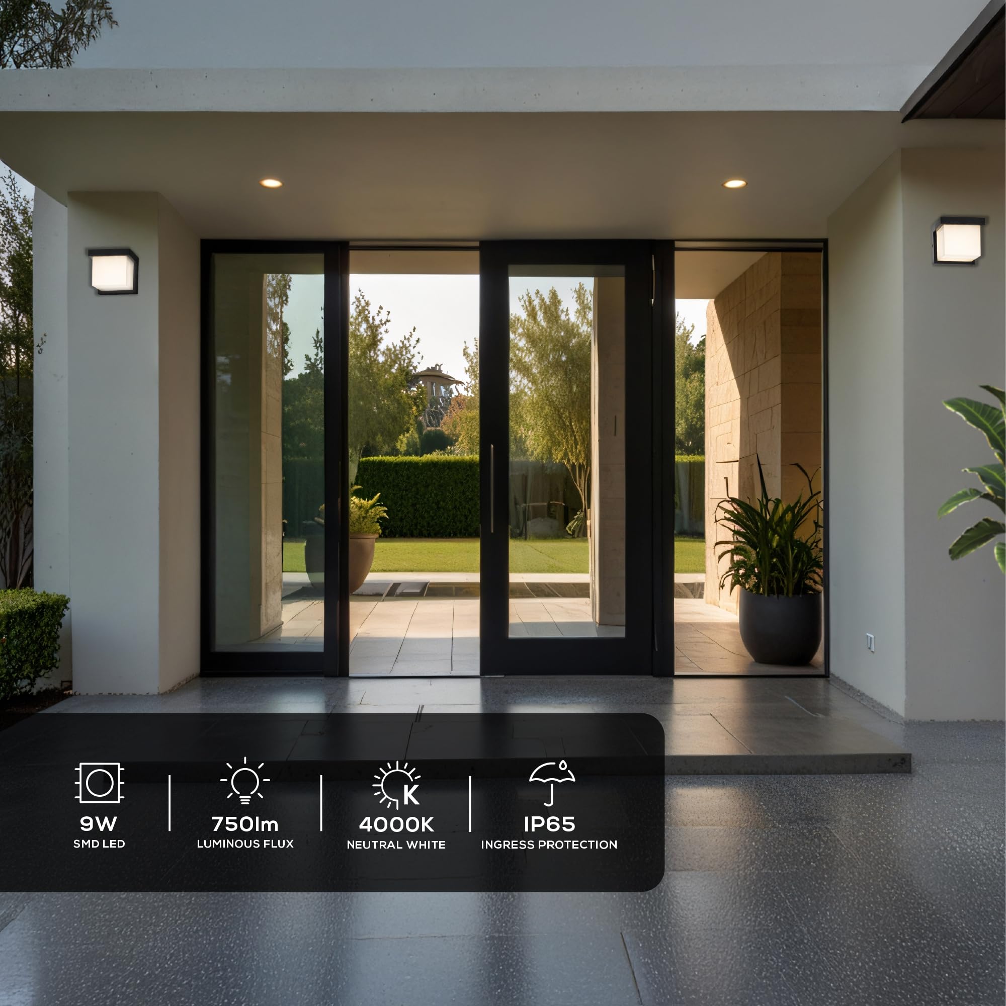 Zewnętrzna Lampa Ścienna 9W 750lm 4000K Oprawa Ogrodowa LED IP65 Lampa Elewacyjna Czarna Idealna na Balkon Taras Ogród Garaż
