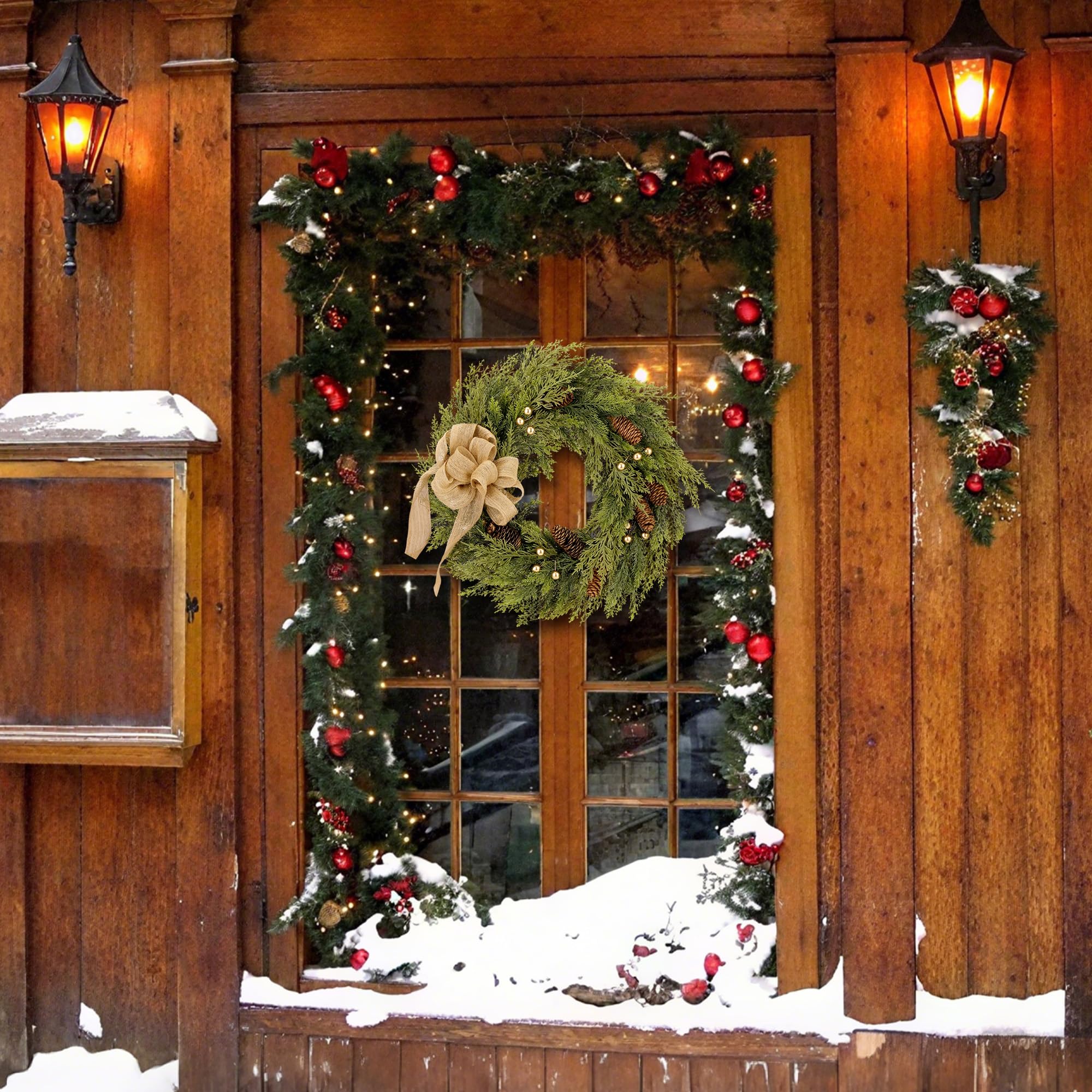 Zavothy 2PCS Türkranz Weihnachten 50 cm, Weihnachtskranz, Künstlicher Kranz mit Tannenzapfen und Weihnachtskugeln, Adventskranz, Weihnachtsdeko, Haustür Dekoration, Grün
