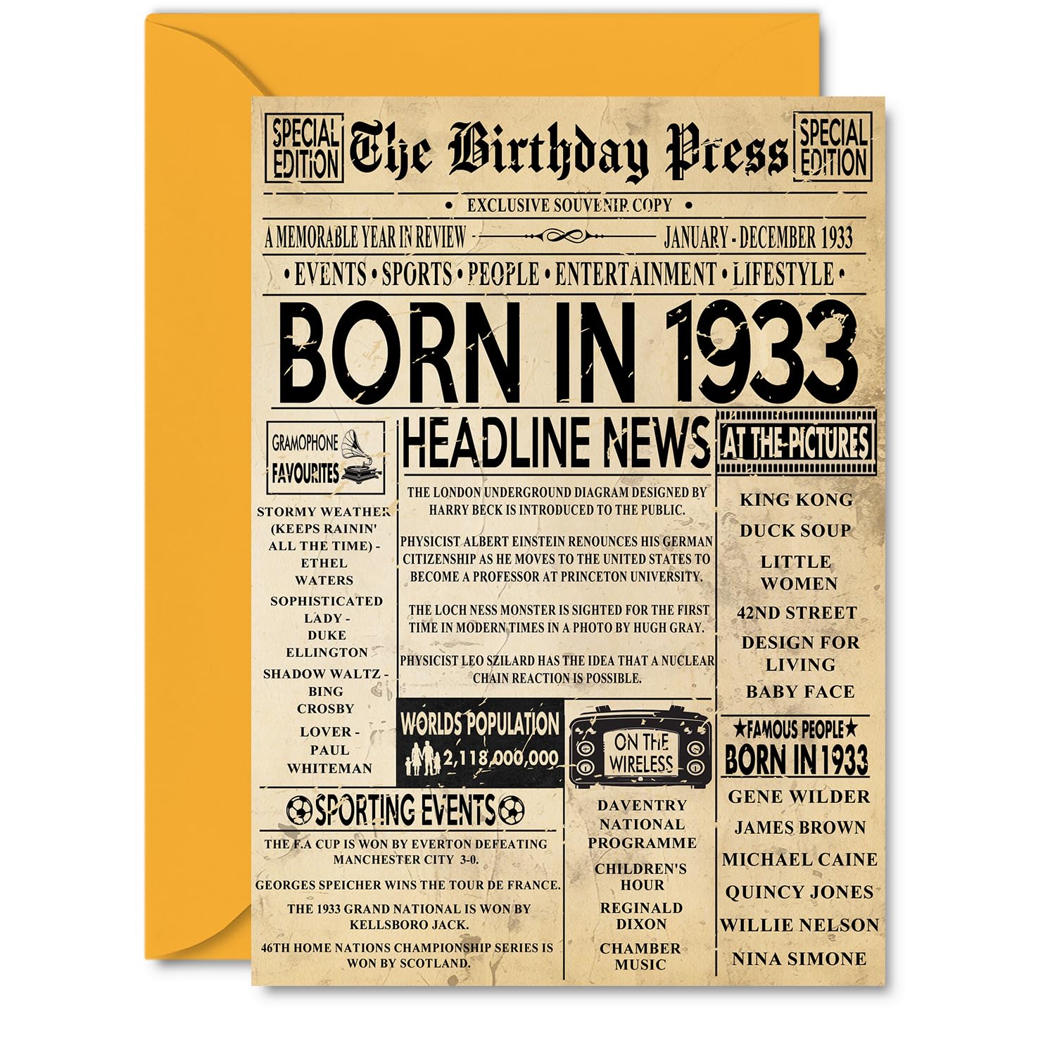 93rd Birthday Card for Women Men - Bday Press Newspaper 1933 - Happy 93 Birthday Cards for Nan Grandma Grandad Husband Wife Uncle, A5 Bday Greeting Cards