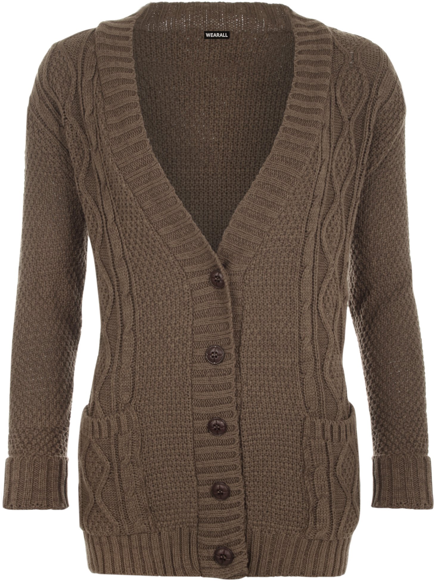 Wearall Women's Mocha Cable Knitted Button Cardigan Long Sleeve Boyfriend Top - 16-18
