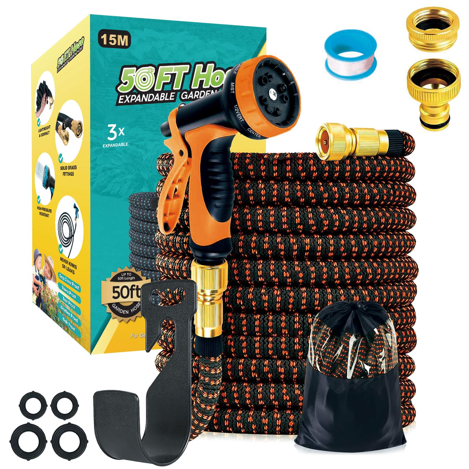 Tuyau Arrosage Extensible 15m Avec Pistolet 10 Modes - Kit Complet Avec Raccords