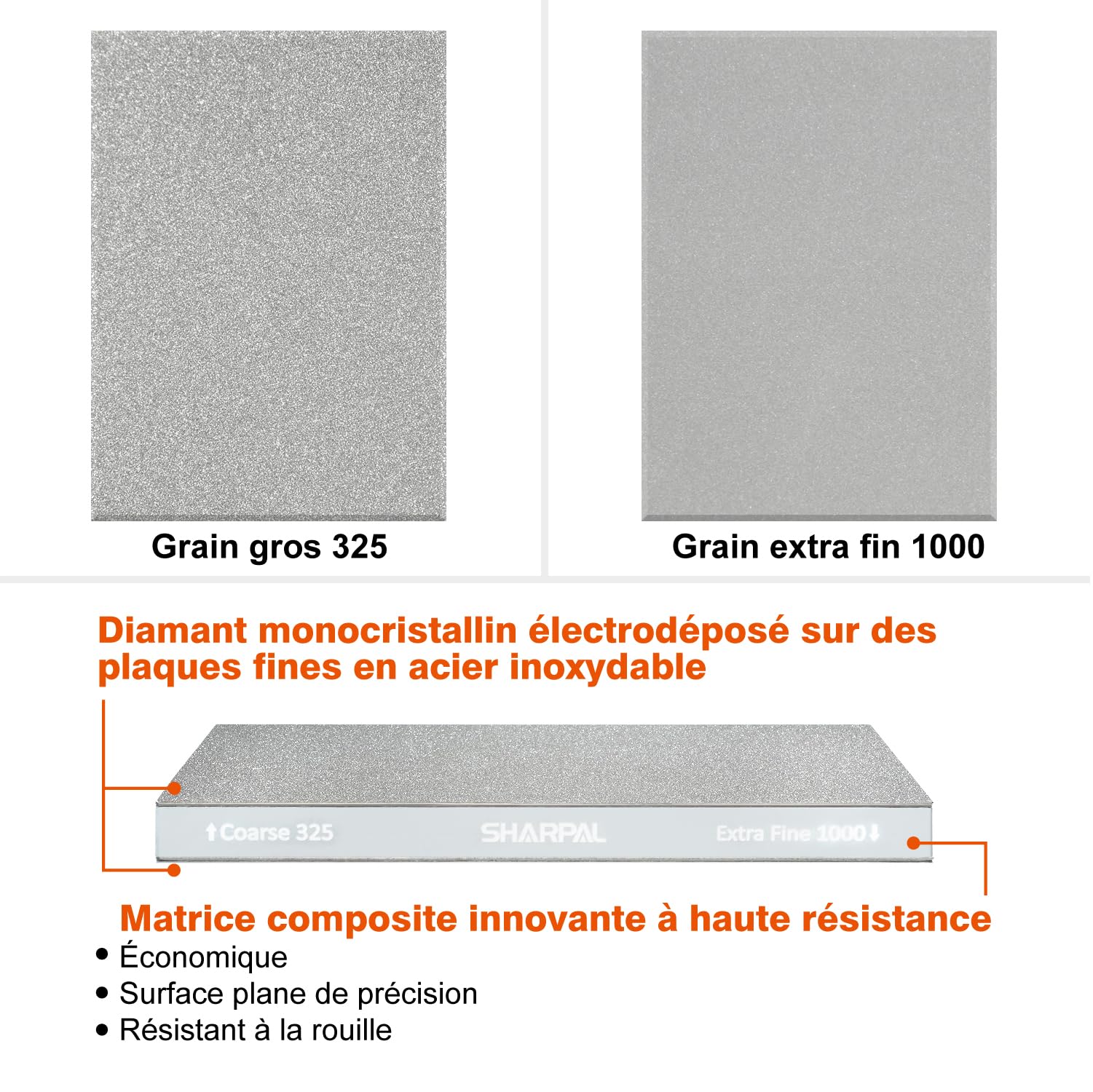 SHARPAL 168H Pierre à Aiguiser Diamant Dual-Grit 201 x 75 mm – Gros Grain 325 & Grain Extra-Fin 1000 Monocristallin, Pierre à Affûter Professionnelle avec Guide d'Angle et Semelle Antidérapante