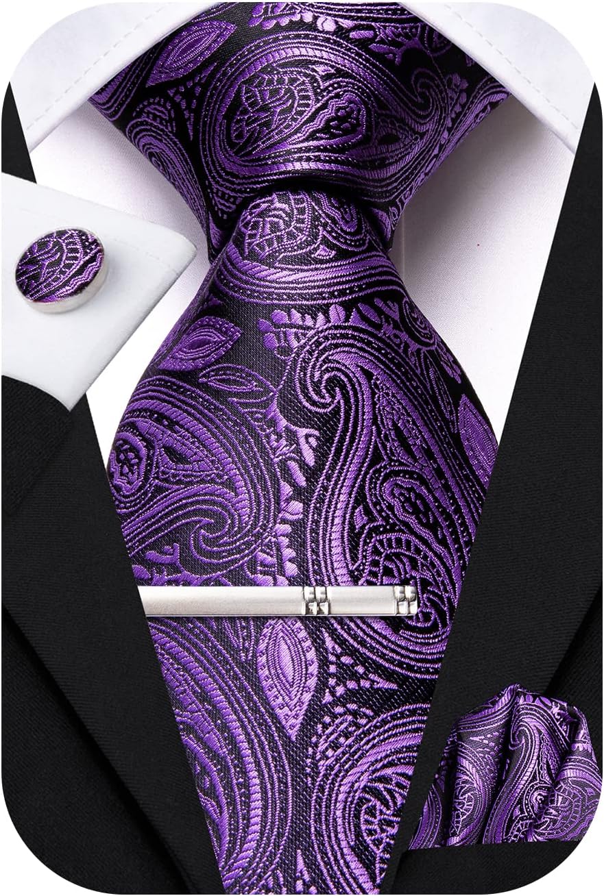 Hi-TieClassic Mens Silk Ties Set 4 PCS Necktie Pocket Square Cufflinks Clip Pin Solid Strip Paisley Tie