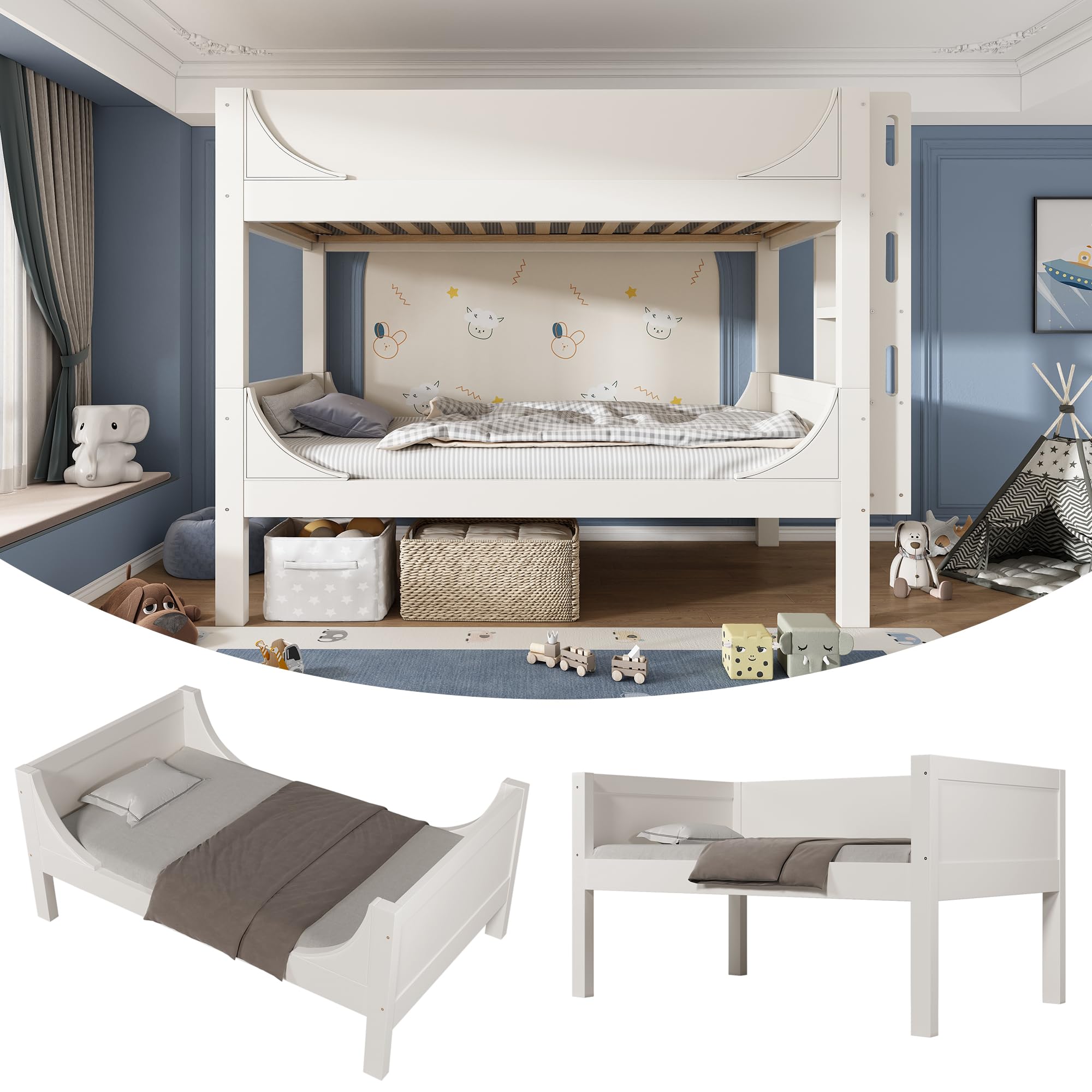 ModernLuxe Trennbares Etagenbett Hochbett 90x200, Kinder Etagenbett mit Leiter am Kopf-/Fußende,aus 1 Bett Werden 2 Einzelbetten, Massivholz, Weiß,ohne Matratze