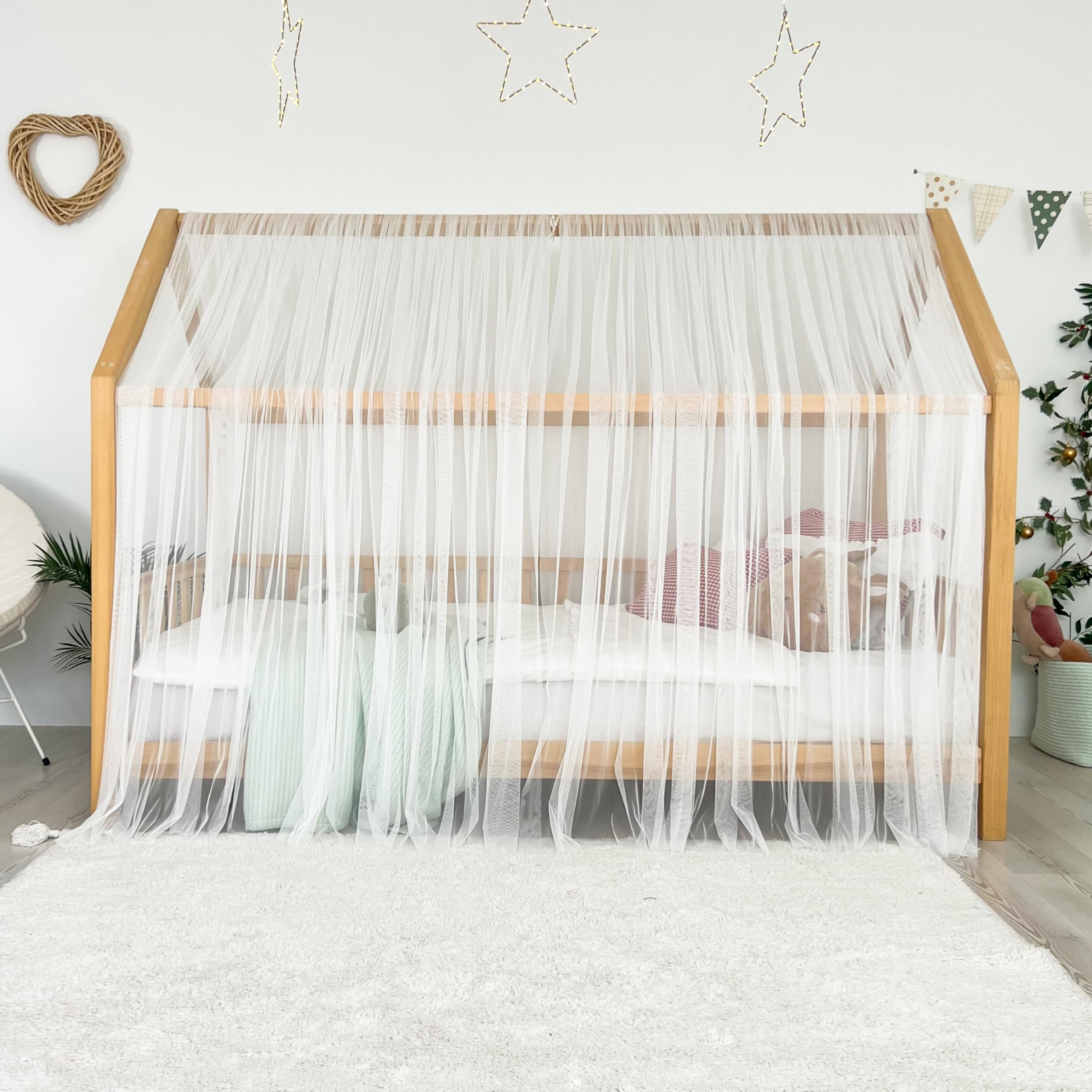 Montessori - Toldo de cama para dormitorio de niñas y niños, elegante decoración de habitación de niños, cortina de cama Montessori para niños pequeños con drapeado suave (blanco, 340 cm, juego