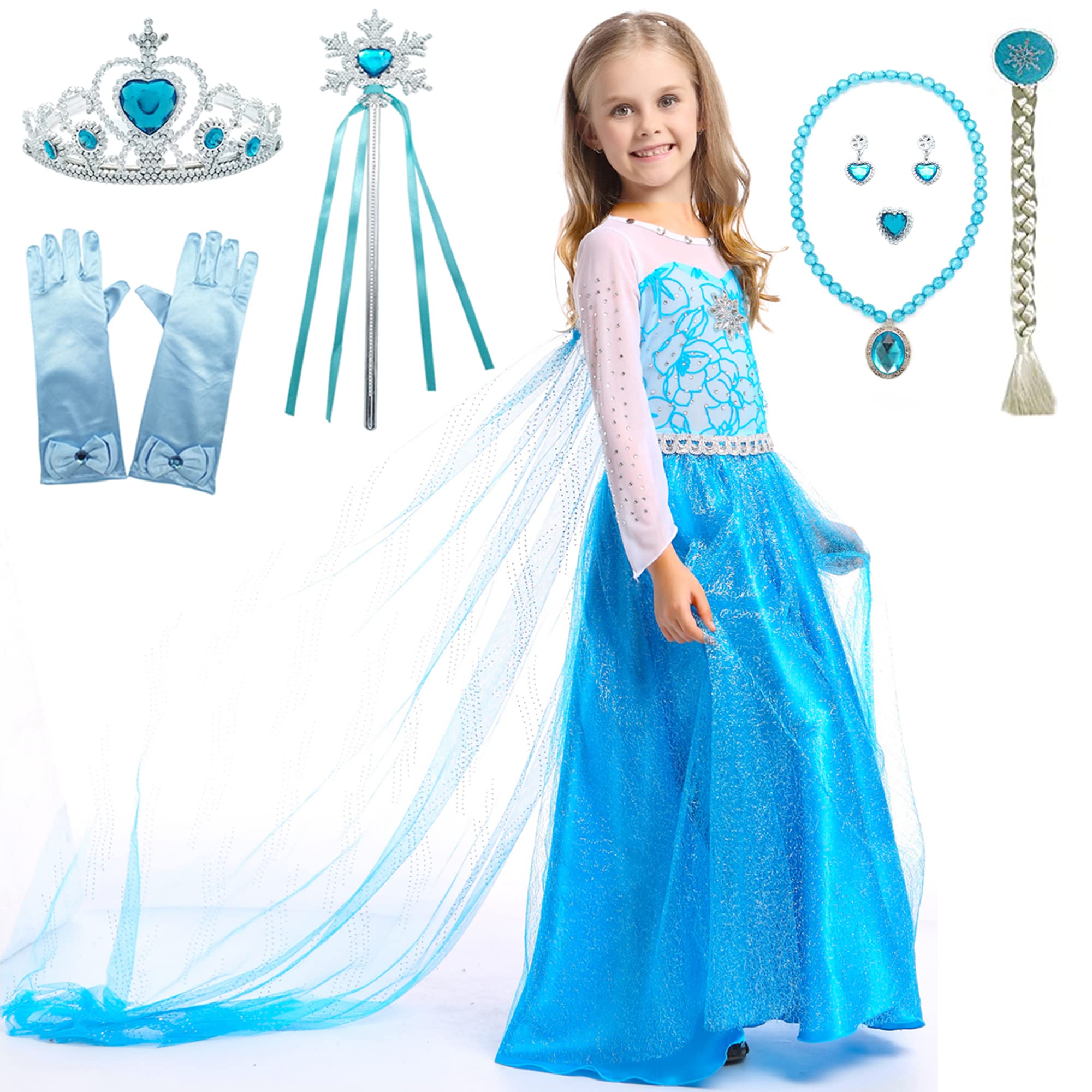 FUNPARTY Princess Dress Up for Little Girls with Wig,Crown,Mace,Gloves Accessories Age of 3-12 Years (Blue, 5-6Years)