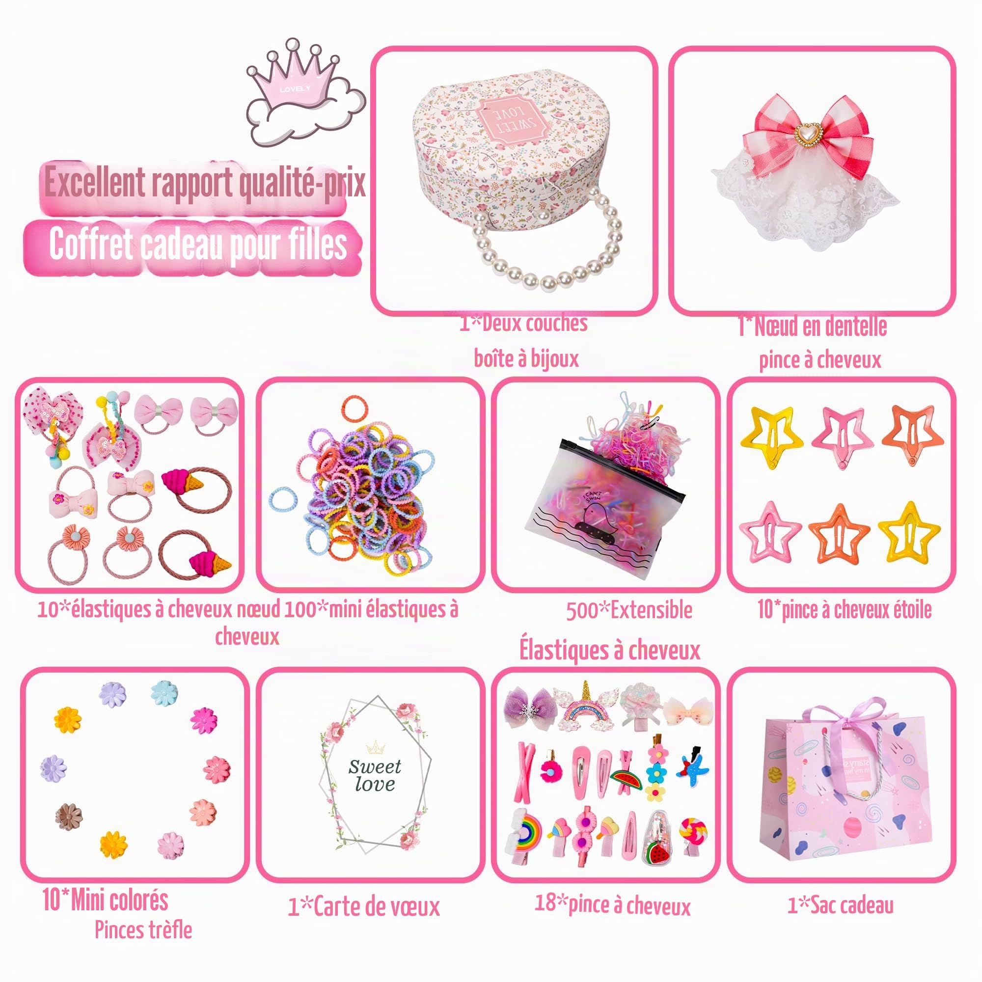 Boîte à bijoux pour accessoires de cheveu pour filles, pinces et élastiques cheveu, cadeau d'anniversaire pour filles de 3 à 12 ans, rose, boîte circulaire