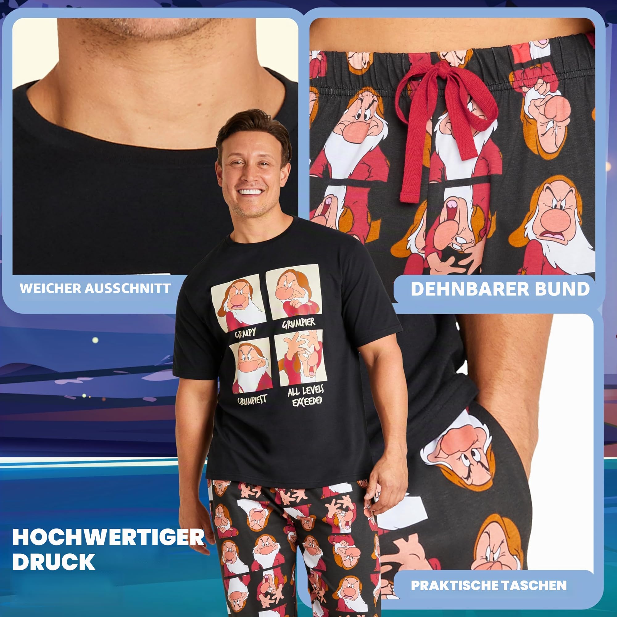 Disney Grumpy Herren Pyjamas - T-Shirt & Unterteil - Baumwolle Nachtwäsche - Schlafanzüge für Herren - Größen S-3XL