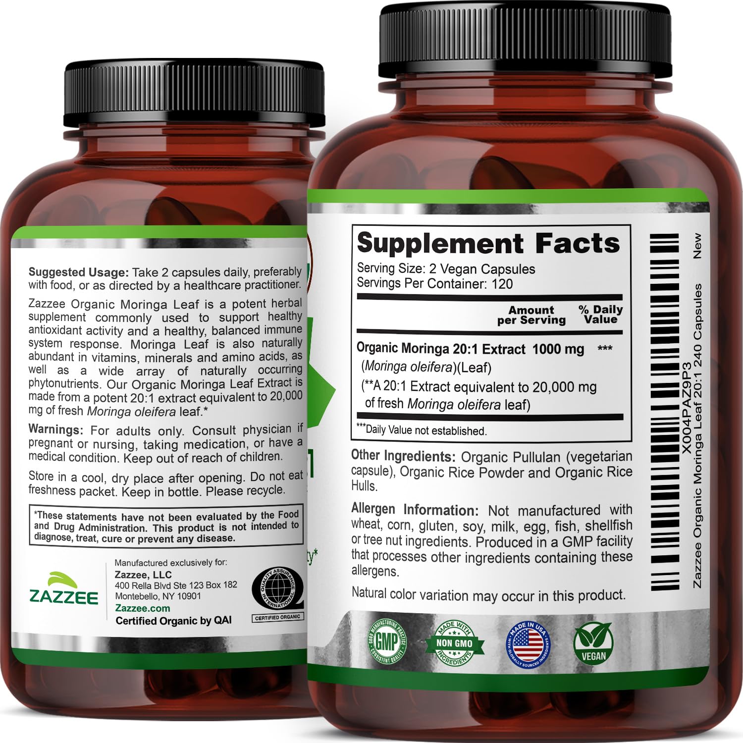Zazzee USDA Organic Moringa Leaf 20:1 Extract, 240 Vegan Capsules — Amazon image 8