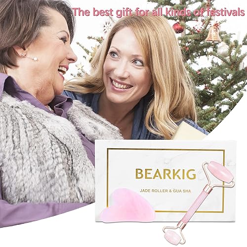 Miniatura 8 de Juego de rodillos de jade y Gua Sha rodillo de jade BearKig para cara rodillo facial de cuarzo rosa antienvejecimiento para el cuidado de la piel