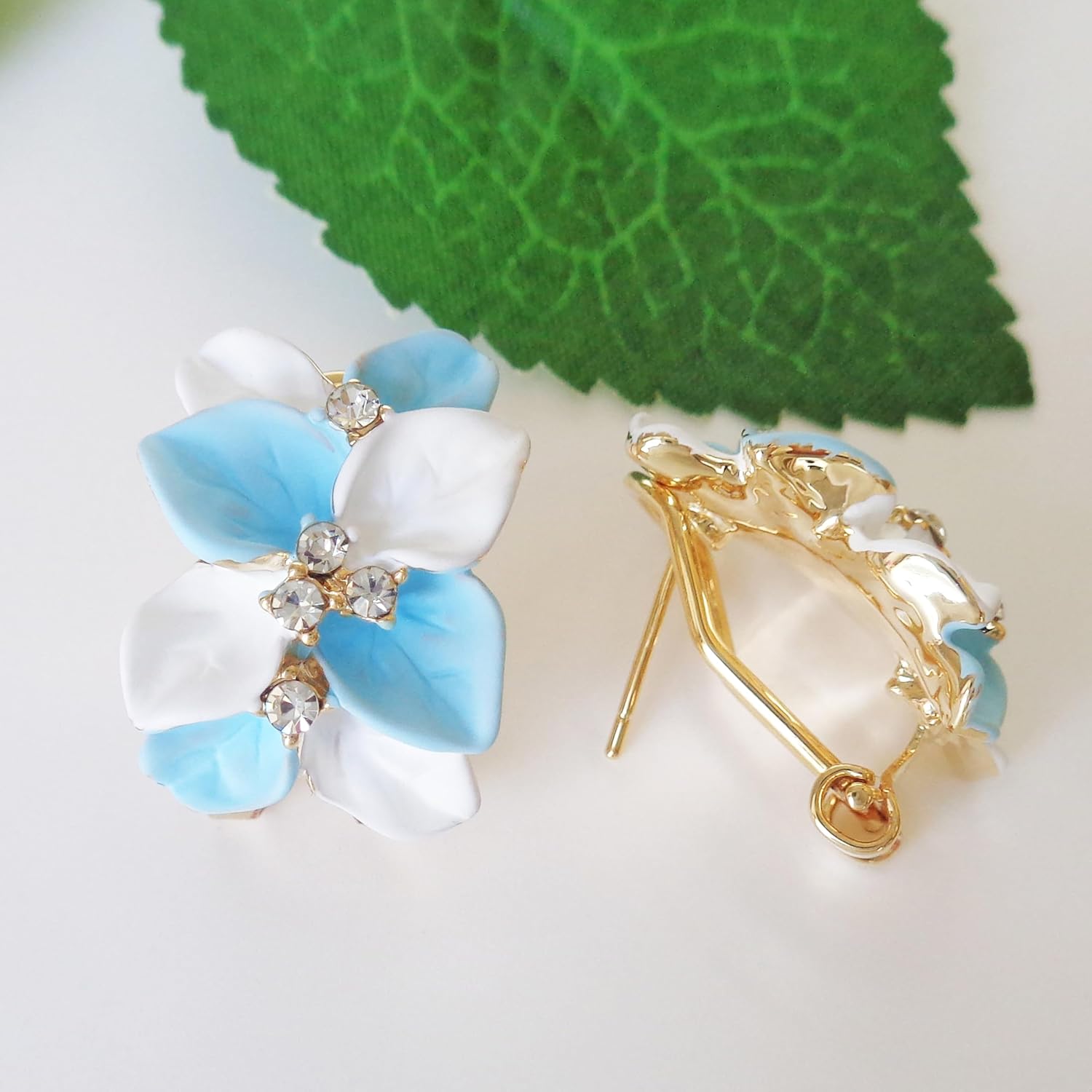 Navachi 18k Gold Plated White Crystal Double Enamel Leaves Flower Omega Back Earrings - Image 4