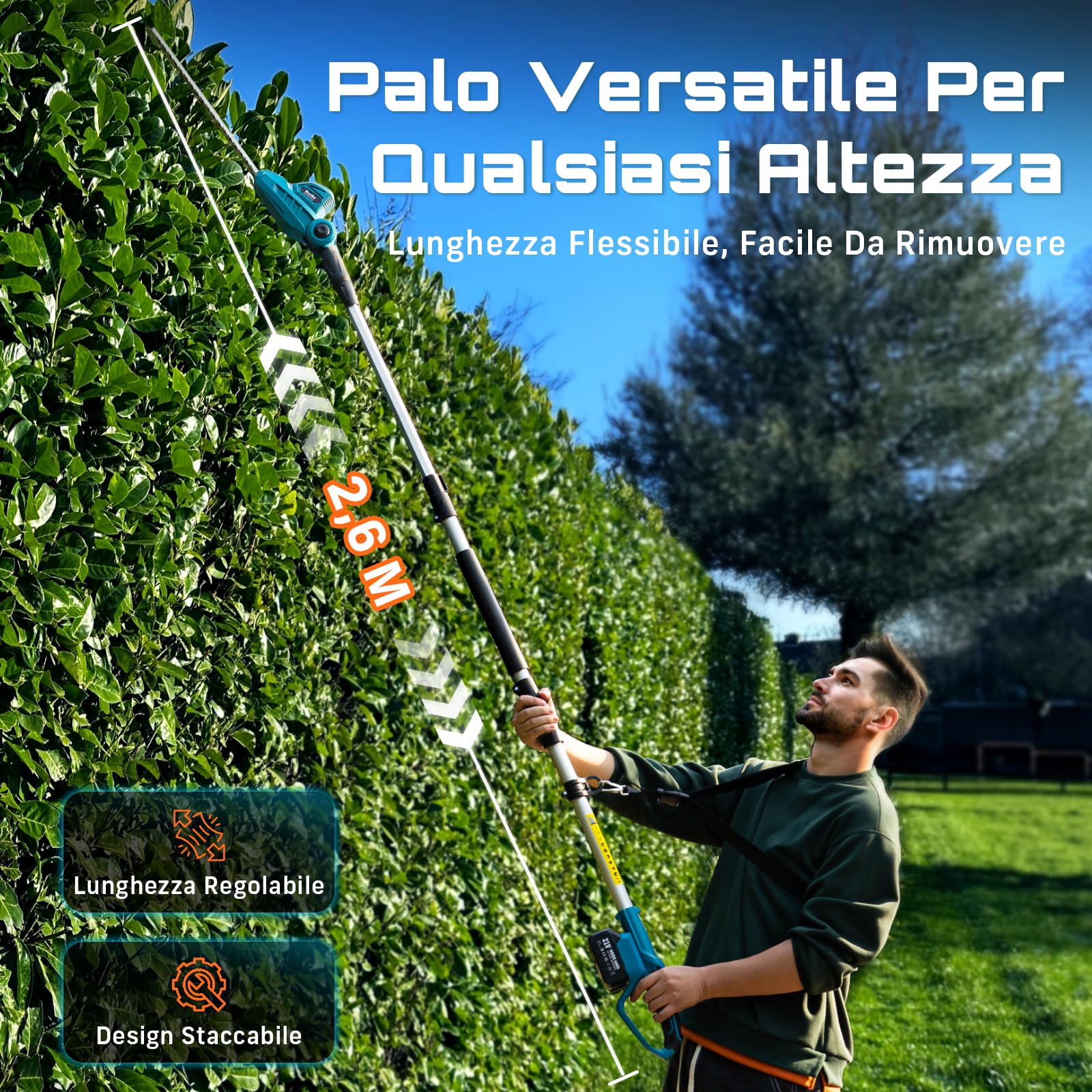 SEESII Tagliasiepi Telescopico a Batteria 2,6 m, Tagliasiepi a Batteria da Giardino con Lama Doppia da 40 cm, 2 * Batterie 4.0Ah, Testa Girevole a 135°, Potente per Siepi, Alberi e Arbusti