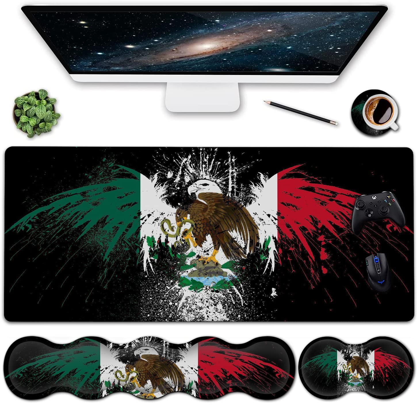 Mouse Pad Wrist Support Set，Extended Gaming Mouse Pad and Ergonomic Memory Foam Keyboard Wrist Rest for Office,Home, XXL Waterproof Writing pad Large Desk Pad, Mexico Flag Eagle Pattern Mouse Mat