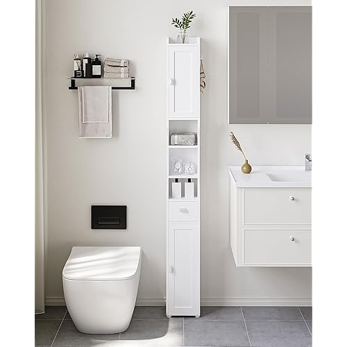 Bathroom Storage Cabinet, Narrow Toilet Paper Storage Cabinet, Tall Toilet Paper Holder with 2 Doors and1 Drawer, Bathroom Organizer with Adjustable Shelf, 1 Hook for Small Spaces White
