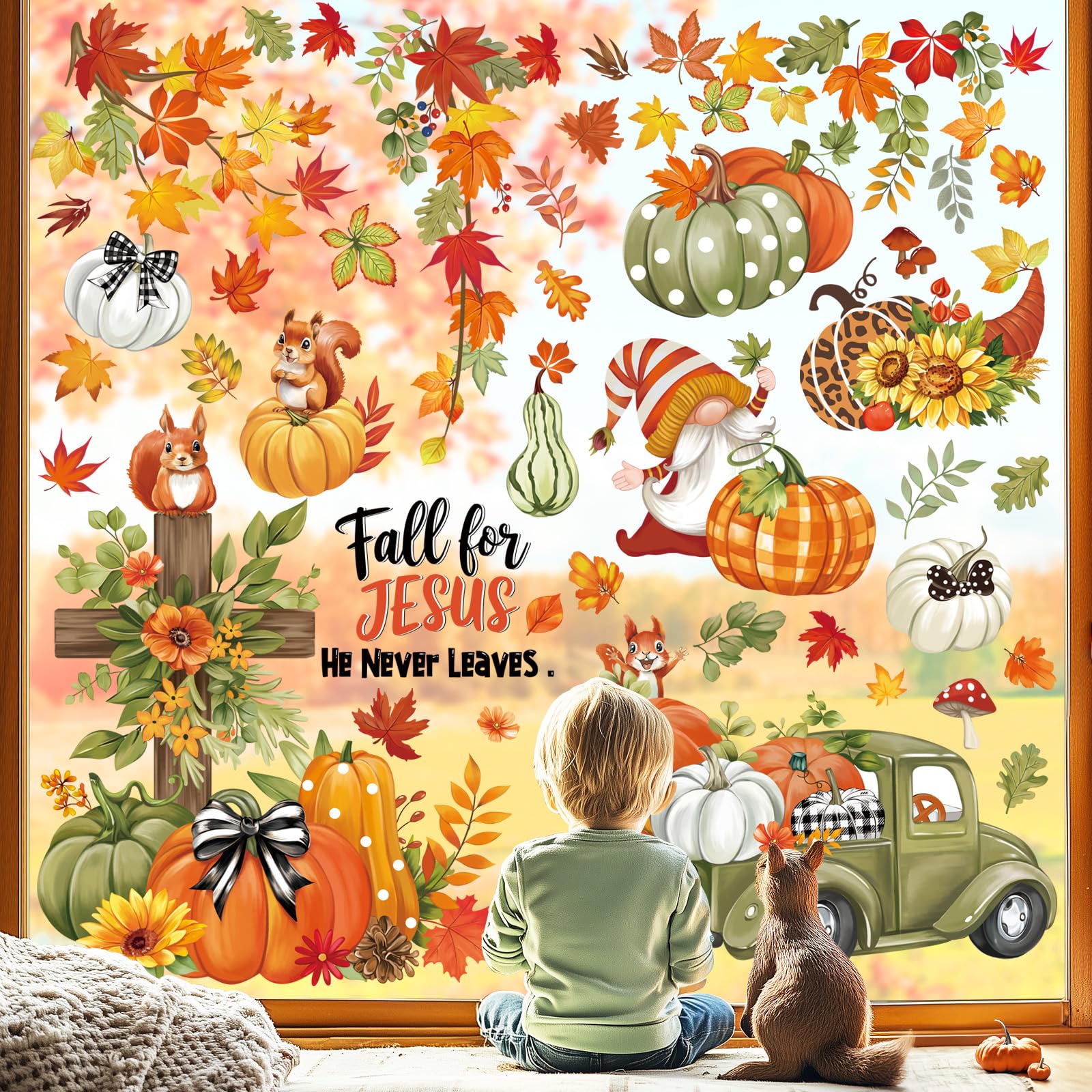 wondever Pumpkin Leaves Window Clings Religious Thanksgiving Fall for Jesus Cross Truck Glass Sticker Decal Anti Collision Double-Side Static Window Stickers for Home Glass Window - Image 2