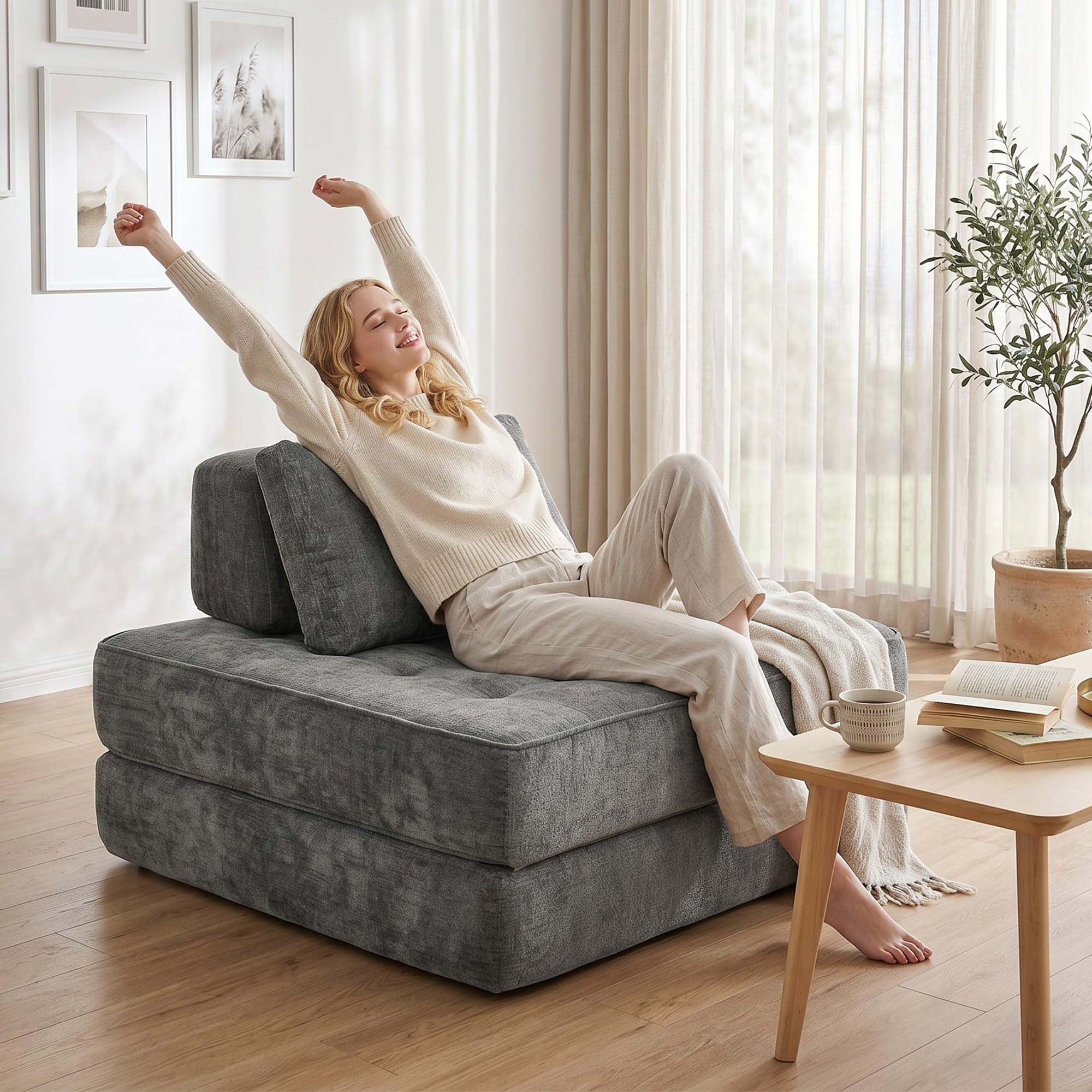 HOMCOM Canapé-Lit Pliant 2 en 1 Chauffeuse 1 Place en Chenille Gris | Matelas Pliable, Coussin Épais, Dossier et Oreiller, Entièrement Compressé, Aucun Assemblage Requis, pour Salon Chambre