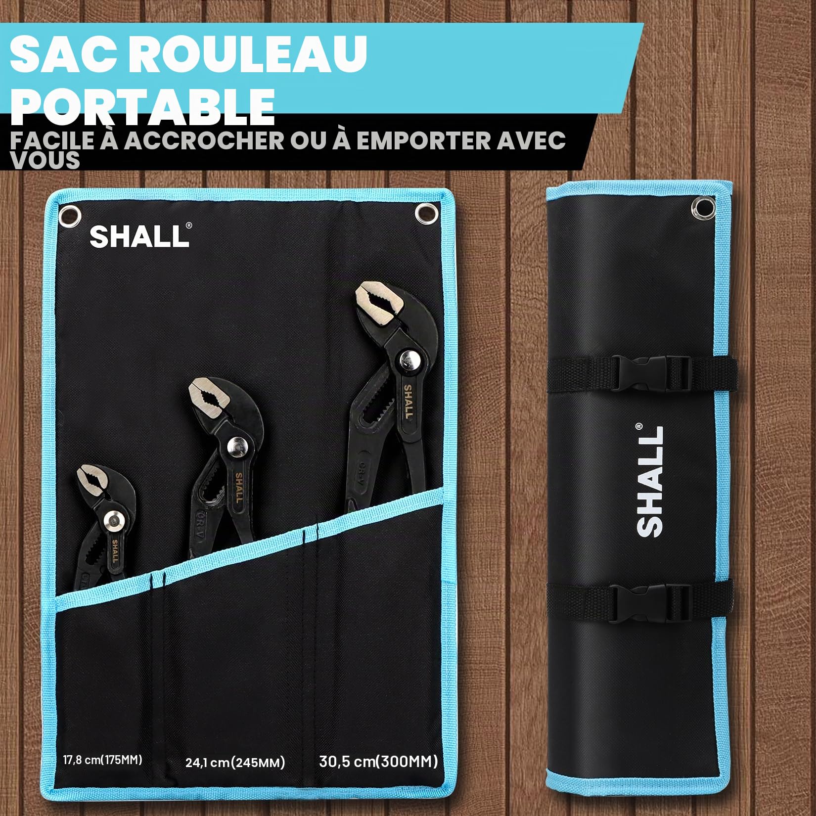 SHALL Lot de 3 pinces à joint rainuré (30,5 cm, 23,5 cm, 17,8 cm), à pompe à eau en acier Cr-V, pince à rainure et languette à réglage rapide avec sac à outils pour réparation domestique et plomberie