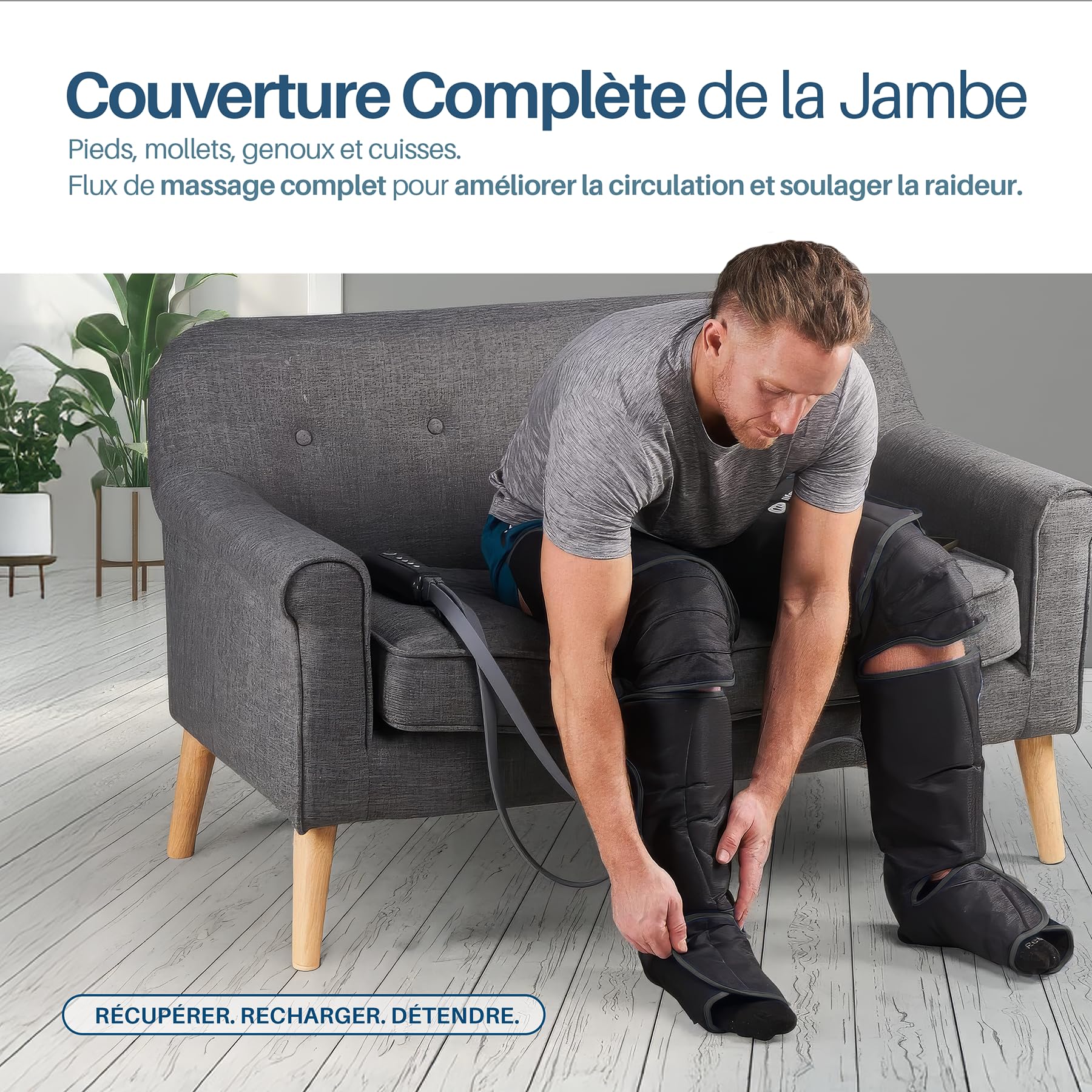 PORTENTUM Bottes de pressothérapie avec chaleur réglable – 5 niveaux de compression d’air – Télécommande – Favorise le drainage lymphatique – Soulage la sensation de fatigue et de lourdeur
