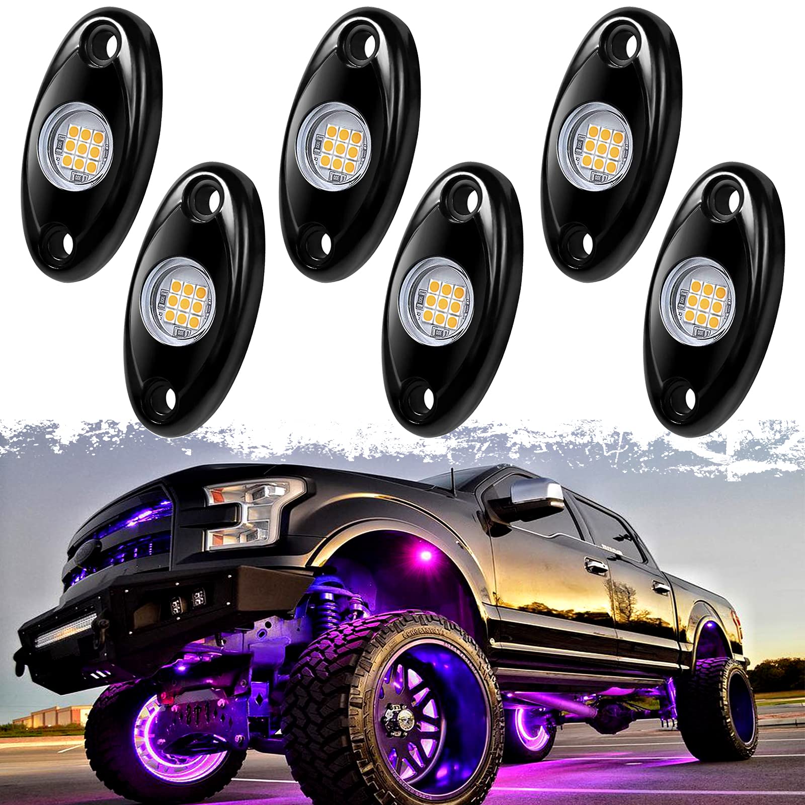 PSEQT 6 Pods LED Rock Lights, Waterproof LED Neon Underglow Light for Car Truck ATV UTV SUV Offroad Boat Underbody Glow Trail Rig Lamp