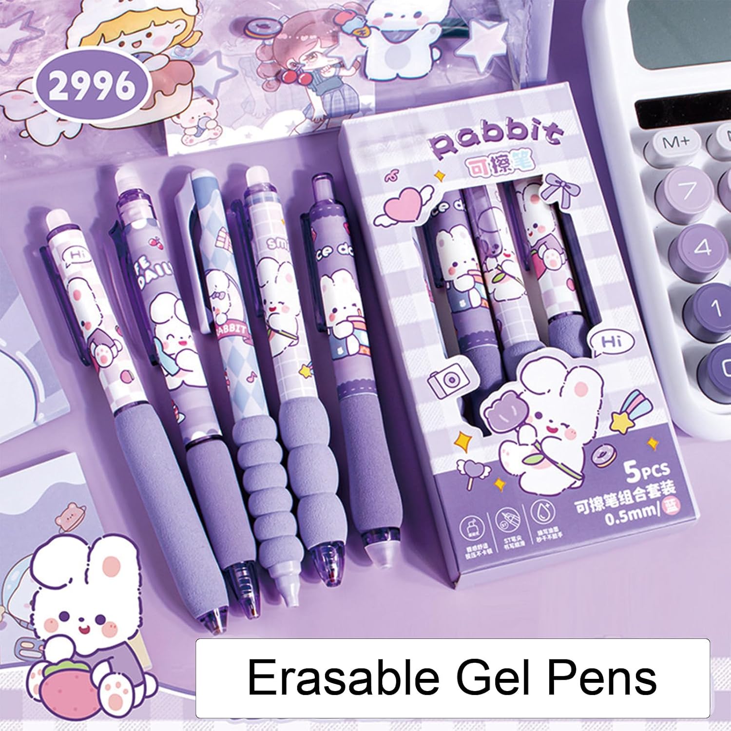 MOZXIRZ 5 Pcs Erasable Gel Pens Cute Retractable Pens Cartoon Purple Writing Pen 0.5mm Blue Ink Erasable Pen for Women Girls Boys Office School Supplies (Purple Bunny-Blue Ink) image 2