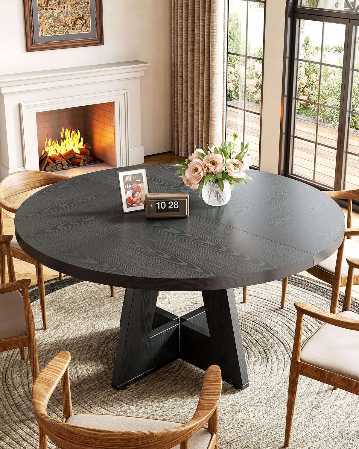 LITTLE TREE Round Dining Table for 4-6 People, 47 Inches Dining Room Table with Wooden Pedestal Base, Black Dinner Table, Circle Kitchen Table for Dining Room, Kitchen, Living Room(Table Only)