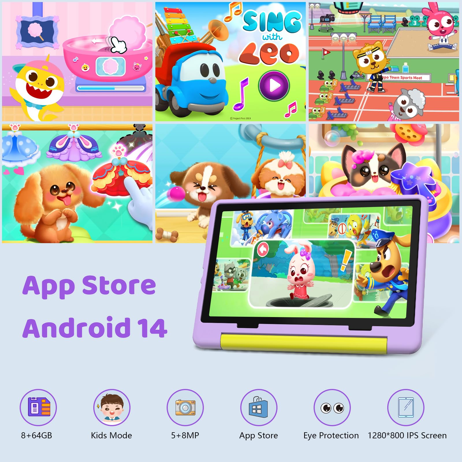 MUISOO 10 Inch Kids Tablet, Android 14 tablet for kids with Octa Core Processor, 8GB RAM 64GB ROM 1TB TF, 5000mAh Battery, WiFi, Bluetooth, Type-C, Kids Tablets with 8+5MP Dual Camera (Purple) - 2