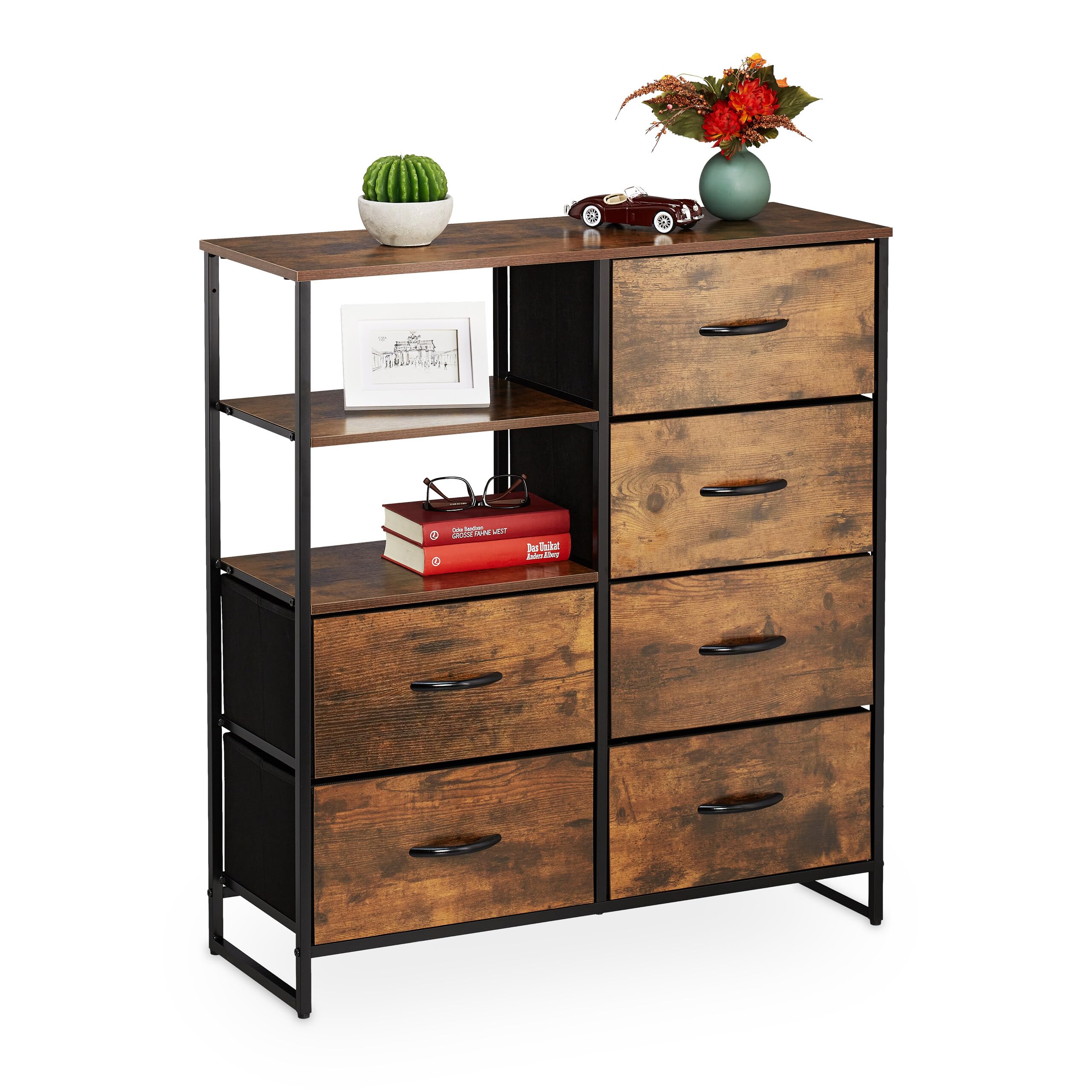 Relaxdays Regalkommode Industrial, 6 Schubladen und 3 Ablagen, 92 x 84 x 32 cm, braun/schwarz