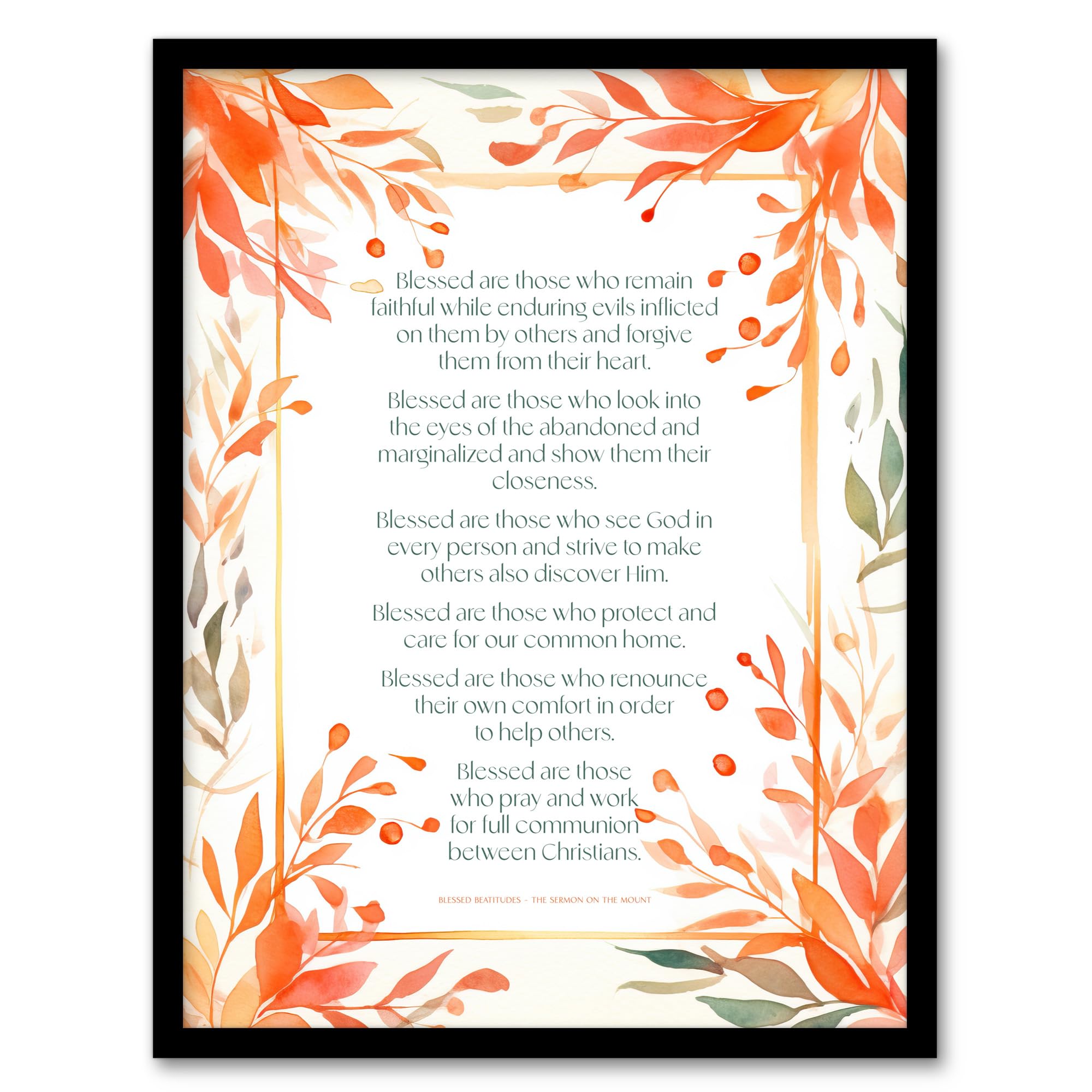 Artery8 Modern Blessed Beatitudes Orange Pope Francis All Saints Day Quote Jesus Christ Christian Bible Faith God Catholic Flowers Artwork Artwork Framed Wall Art Print A4
