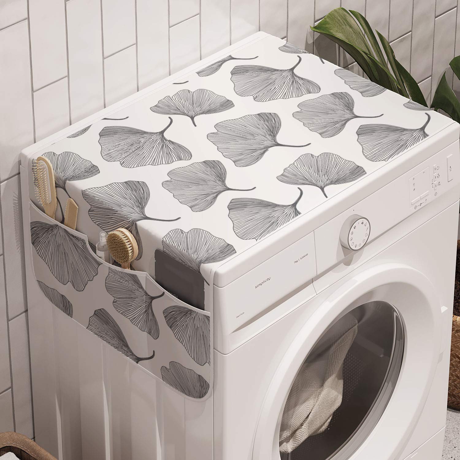 Ambesonne Gingko Washing Machine Organizer, Minimalist Style Nature Leafage Simplistic Growth Herbs Print, Anti-slip Fabric Cover for Washers and