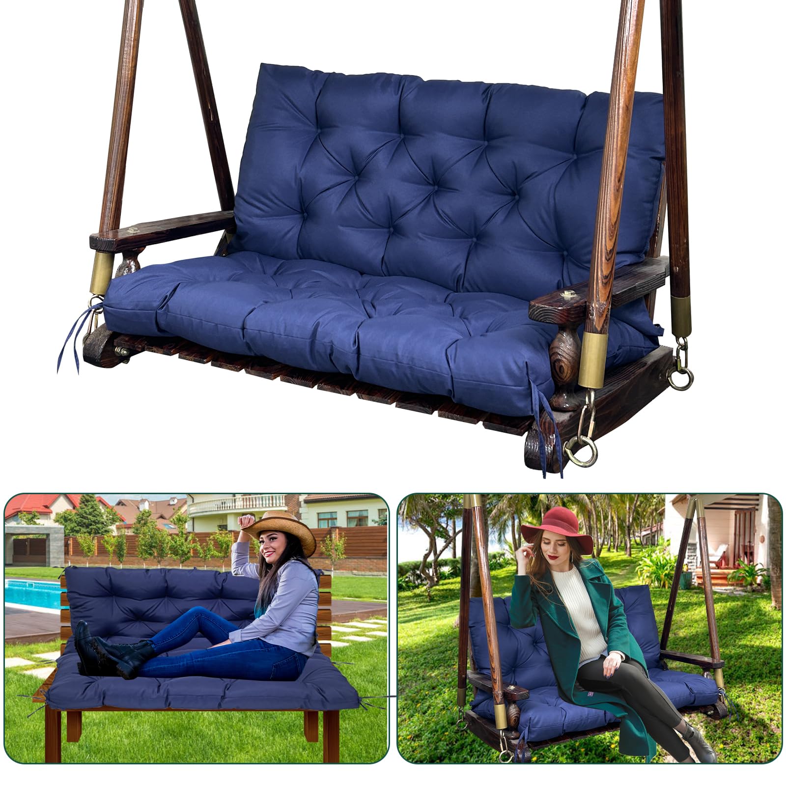 Swing Replacement Cushions for Outdoor: Waterproof 2-3 Seater Porch Bench Cushion - Thick Backrest Patio Swing Cushion f